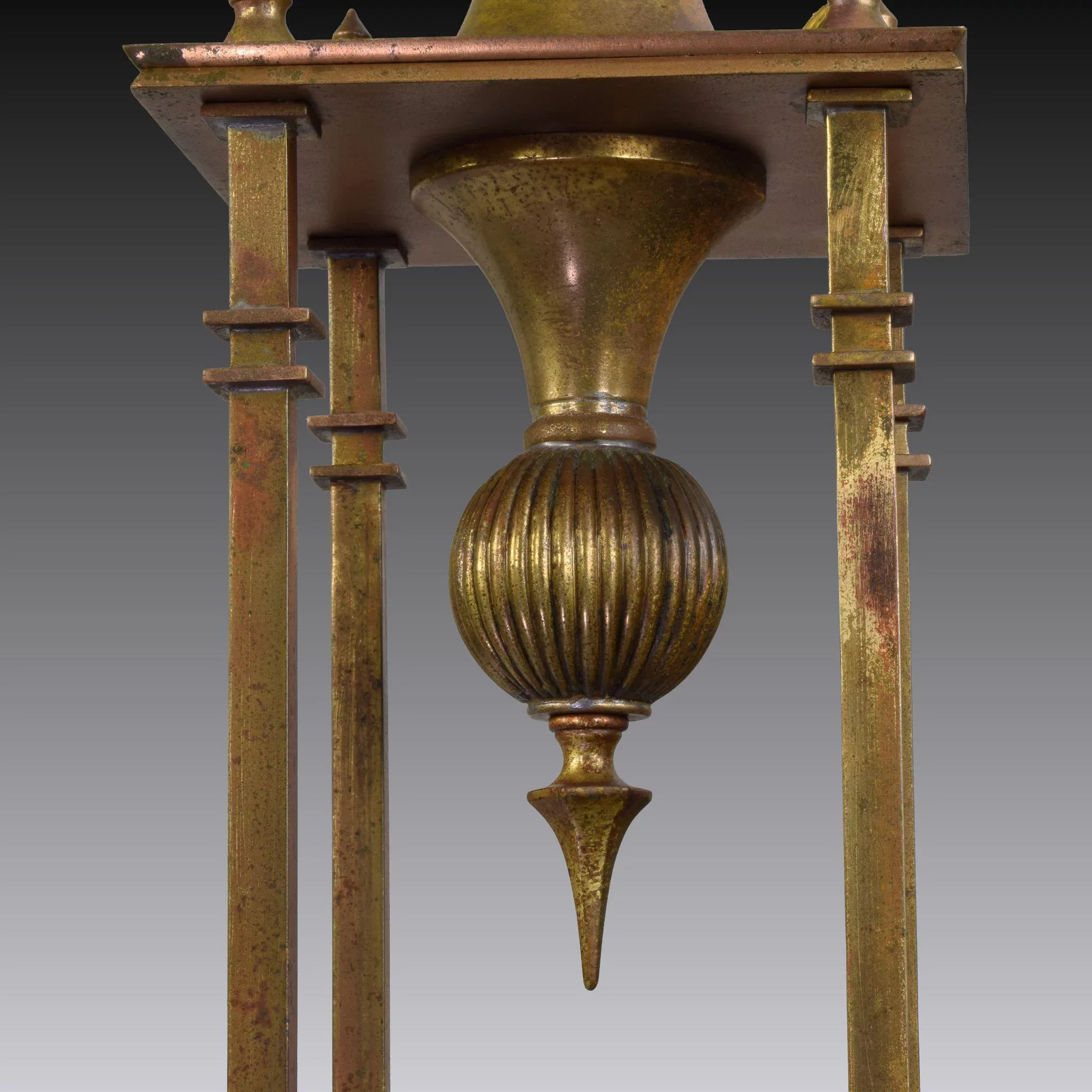 Antique Brass and Slag Glass Hanging Light Fixture - Reticulated Octagonal Shade - View 7