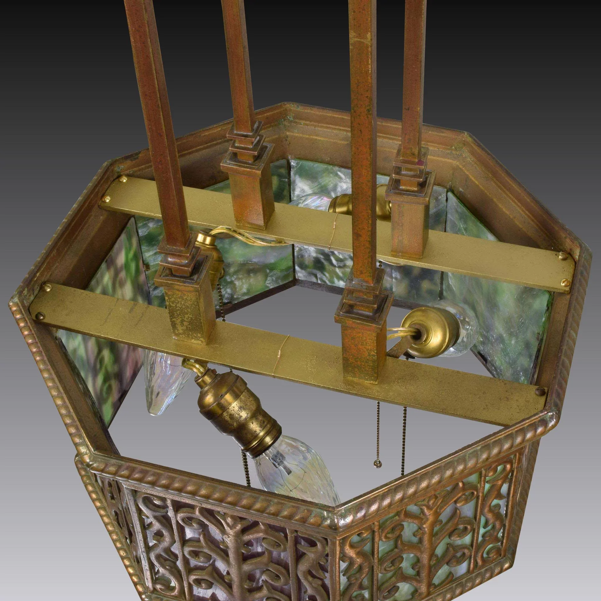 Antique Brass and Slag Glass Hanging Light Fixture - Reticulated Octagonal Shade - View 8