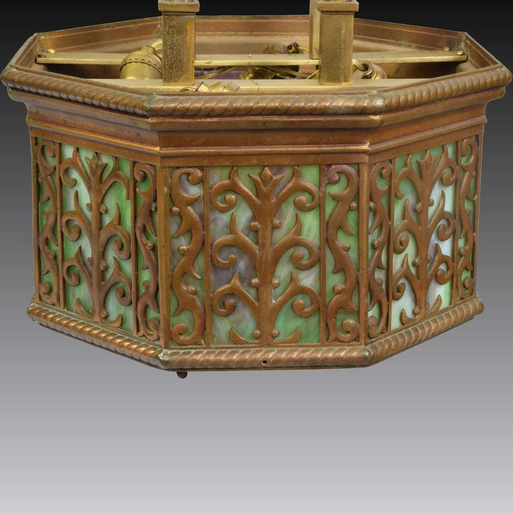 Antique Brass and Slag Glass Hanging Light Fixture - Reticulated Octagonal Shade - View 9