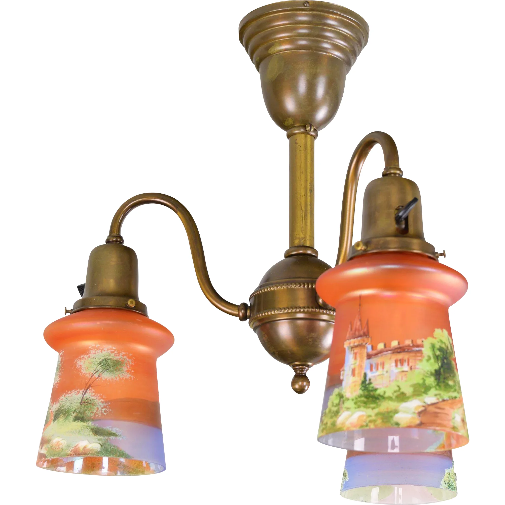 Antique Brass 3 Light Ceiling Fixture with Czech Scenic Enameled Castle Shades