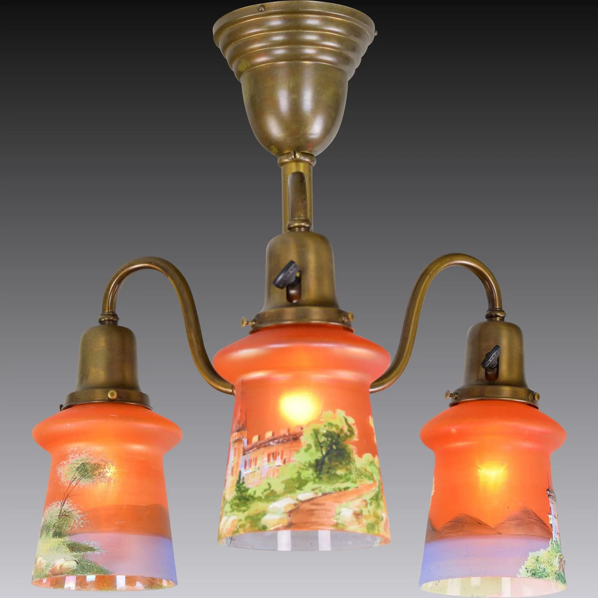 Antique Brass 3 Light Ceiling Fixture with Czech Scenic Enameled Castle Shades - View 2