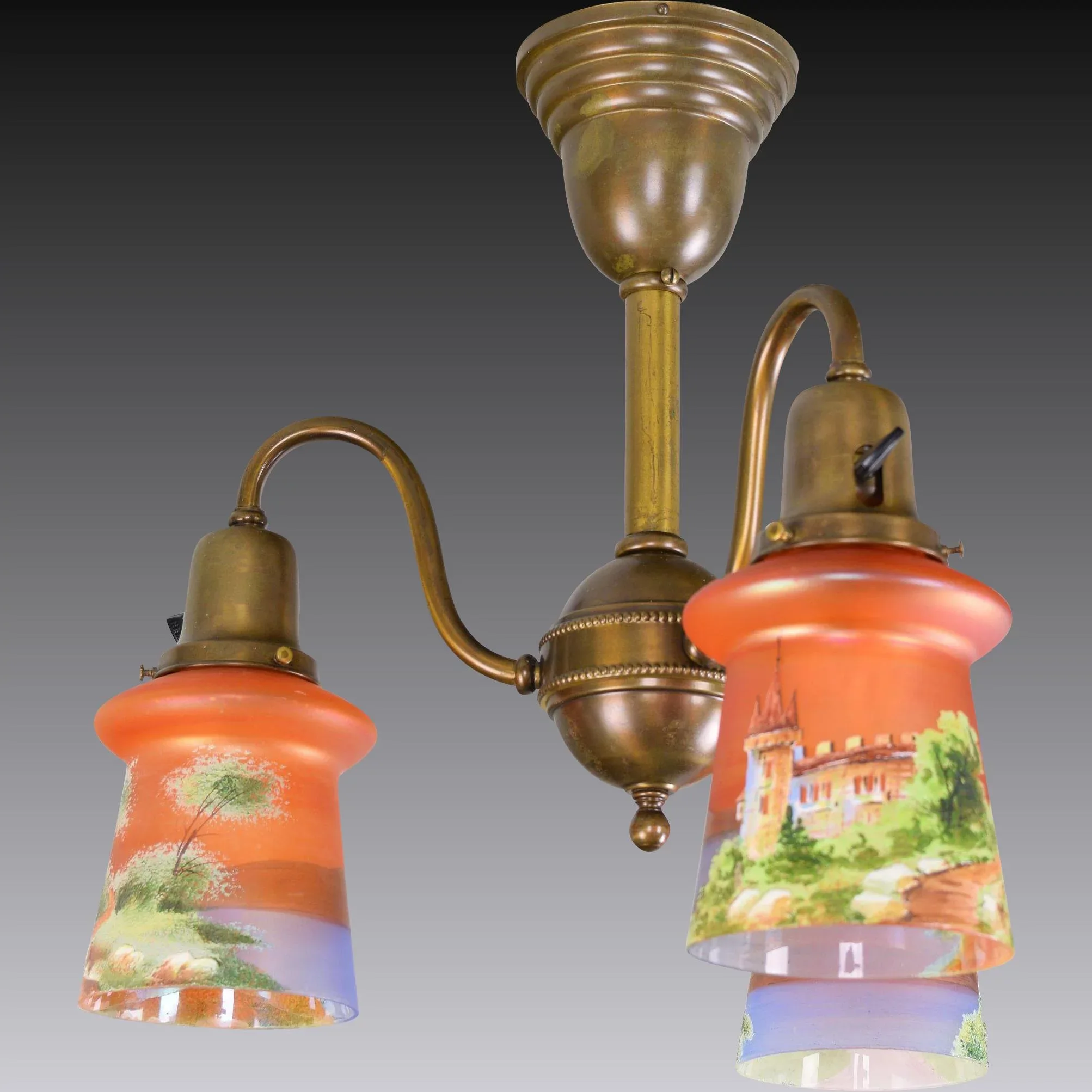 Antique Brass 3 Light Ceiling Fixture with Czech Scenic Enameled Castle Shades - View 3