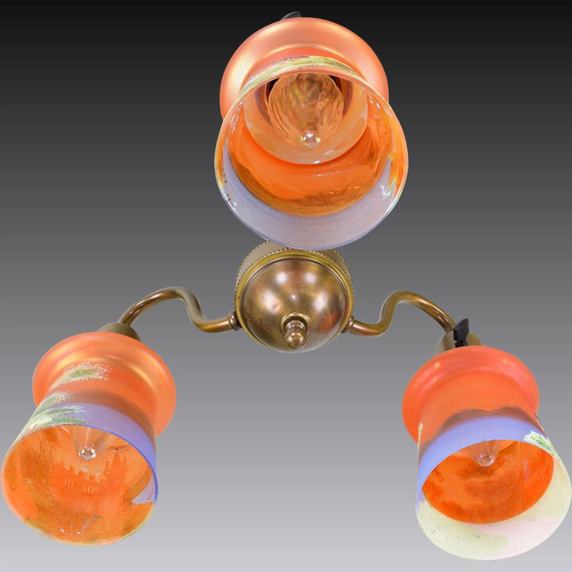 Antique Brass 3 Light Ceiling Fixture with Czech Scenic Enameled Castle Shades - View 4