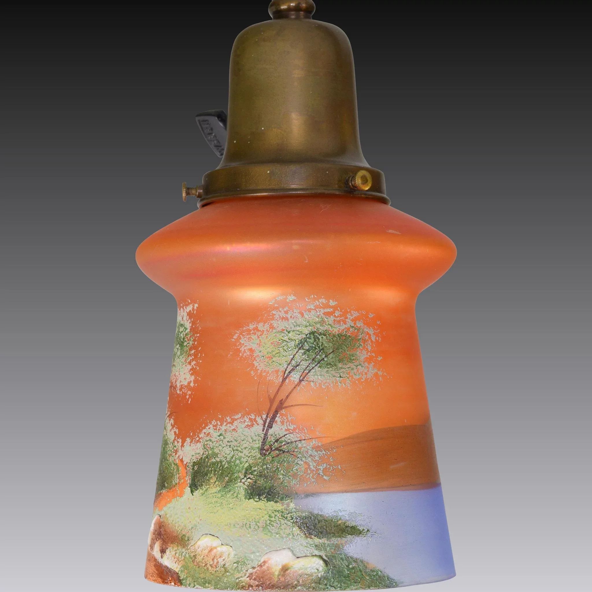 Antique Brass 3 Light Ceiling Fixture with Czech Scenic Enameled Castle Shades - View 7