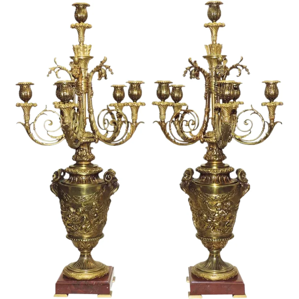 Antique Pair French Bronze Candelabra - Putti and Rams - Arrows - 19th Century