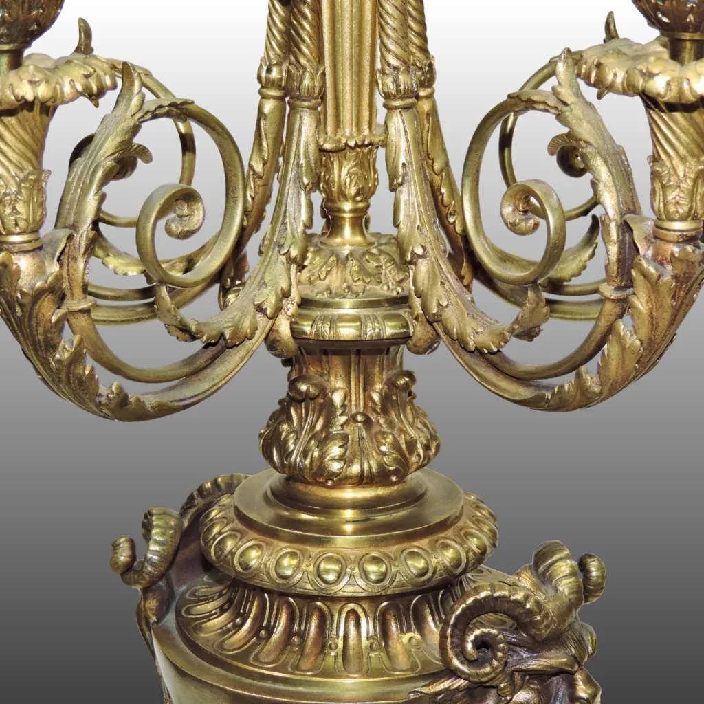 Antique Pair French Bronze Candelabra - Putti and Rams - Arrows - 19th Century - View 7