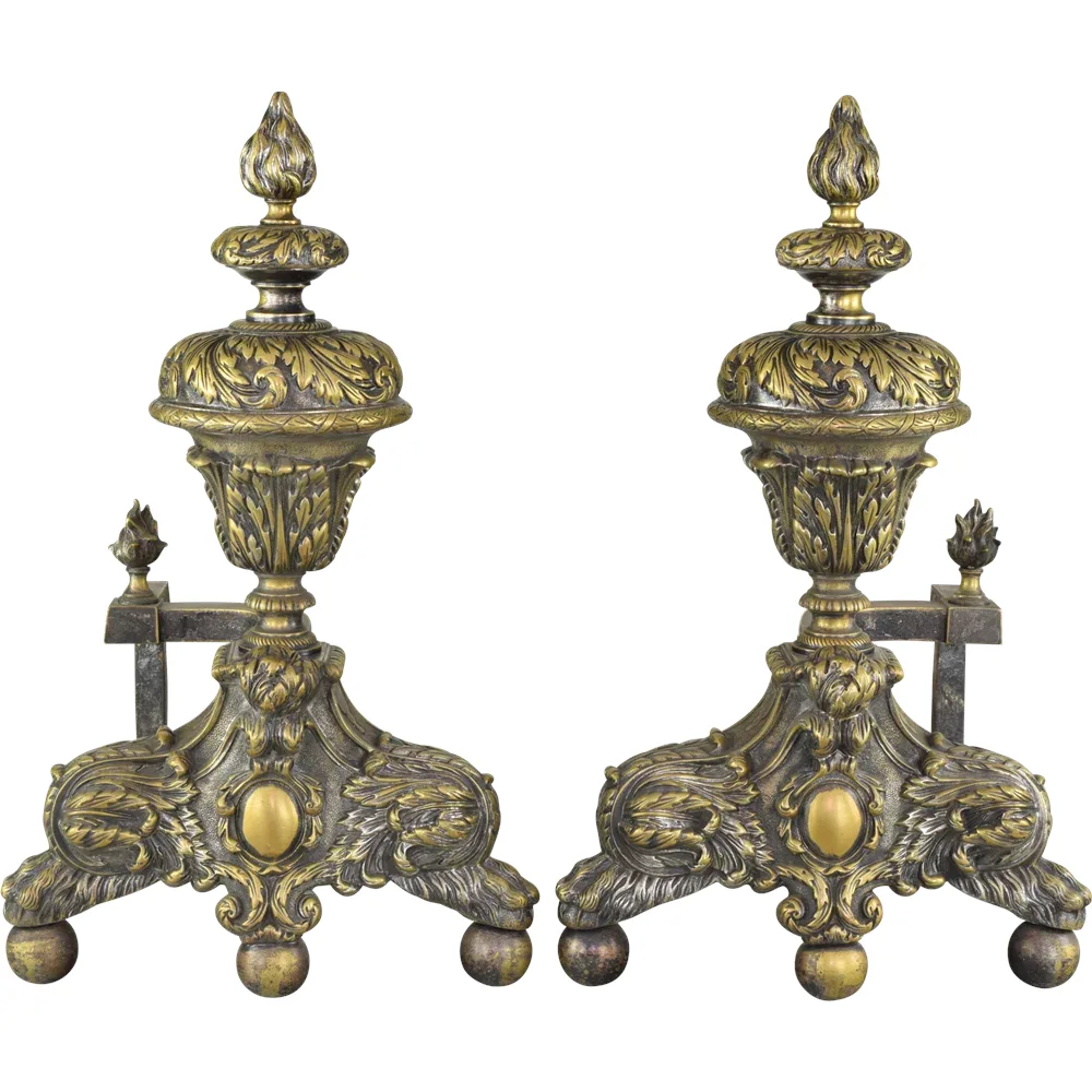 Pair Antique 19th Century French Andirons - Hairy Paw and Ball, Flame Finials