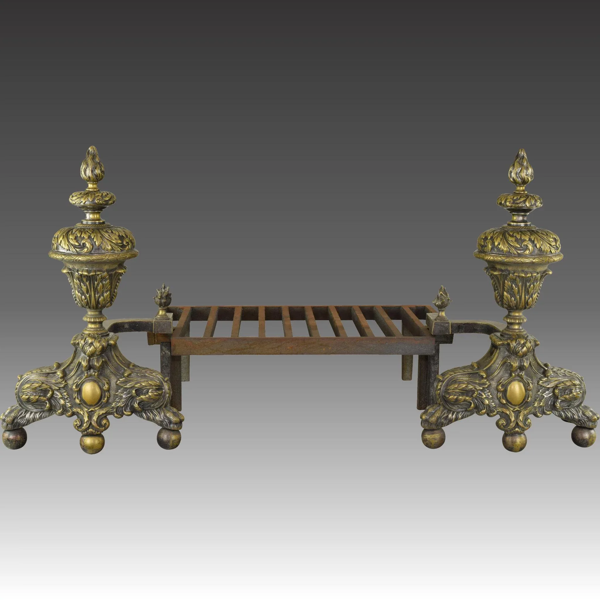 Pair Antique 19th Century French Andirons - Hairy Paw and Ball, Flame Finials - View 2