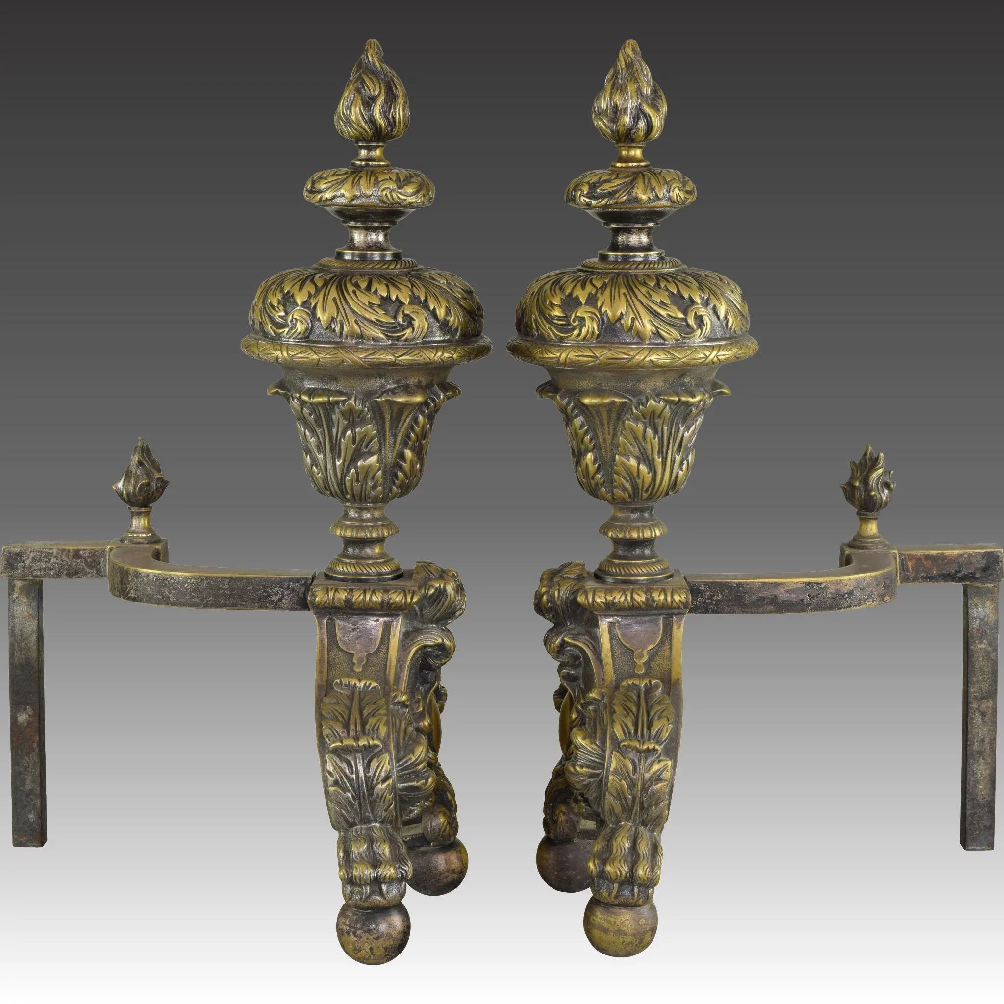 Pair Antique 19th Century French Andirons - Hairy Paw and Ball, Flame Finials - View 3