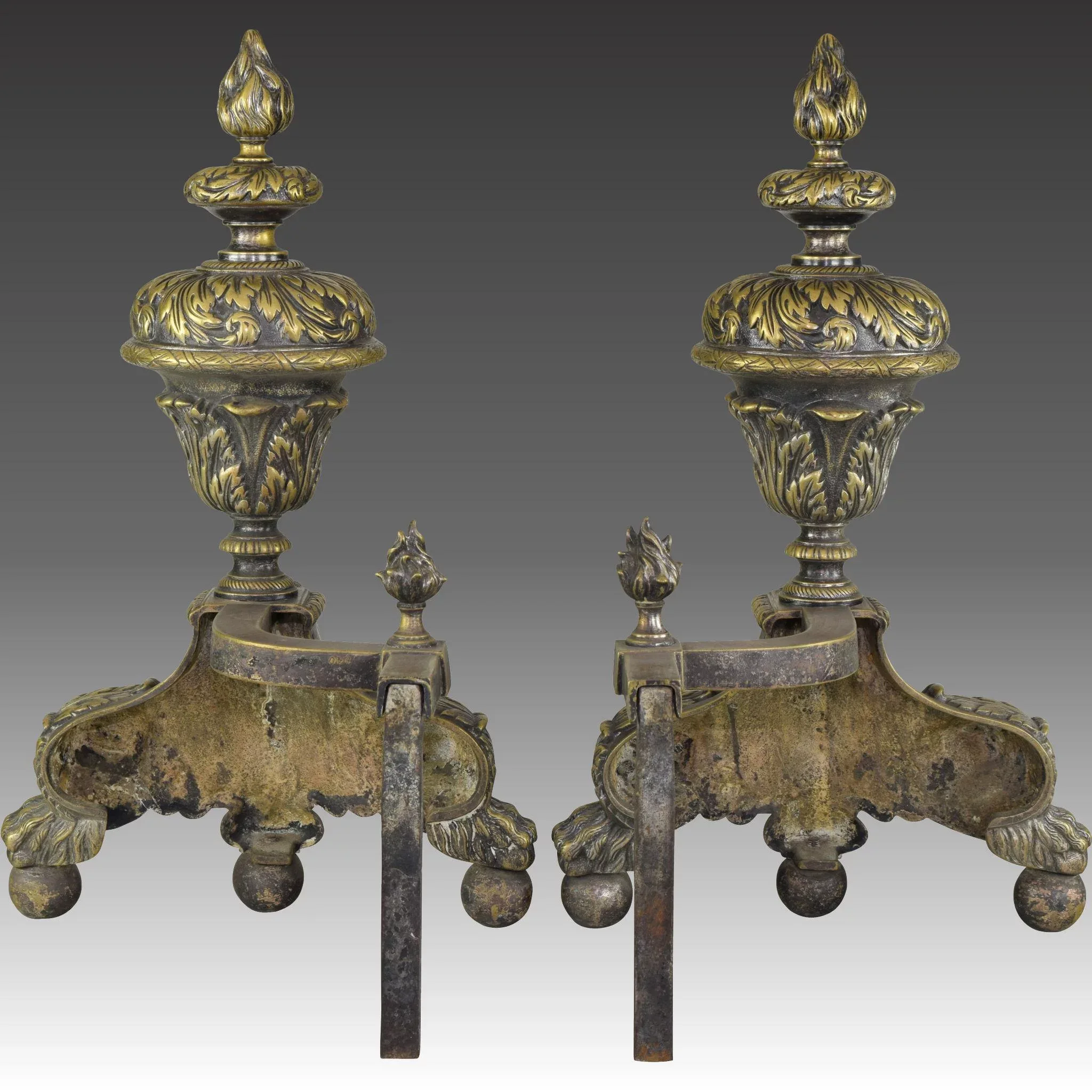Pair Antique 19th Century French Andirons - Hairy Paw and Ball, Flame Finials - View 4