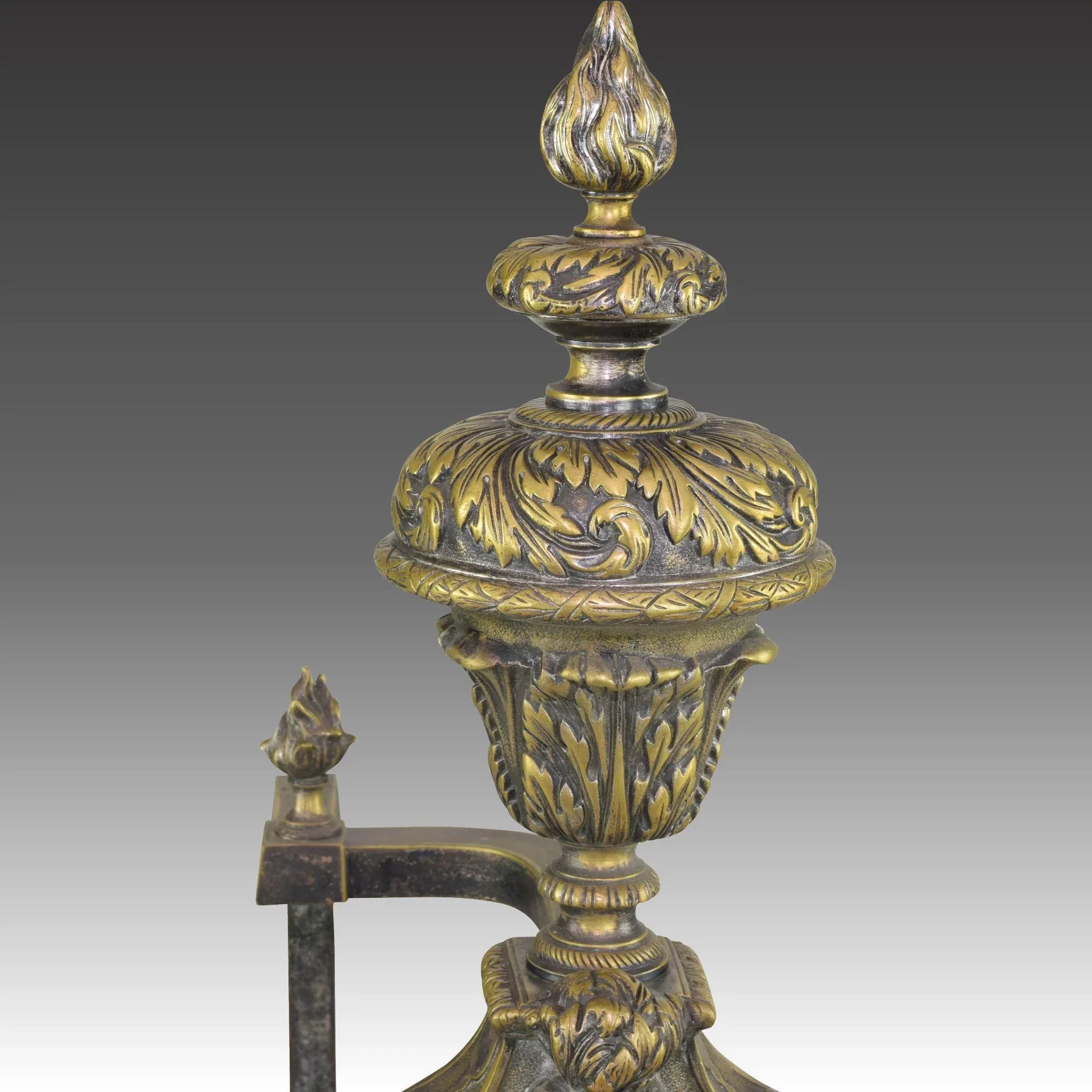 Pair Antique 19th Century French Andirons - Hairy Paw and Ball, Flame Finials - View 5