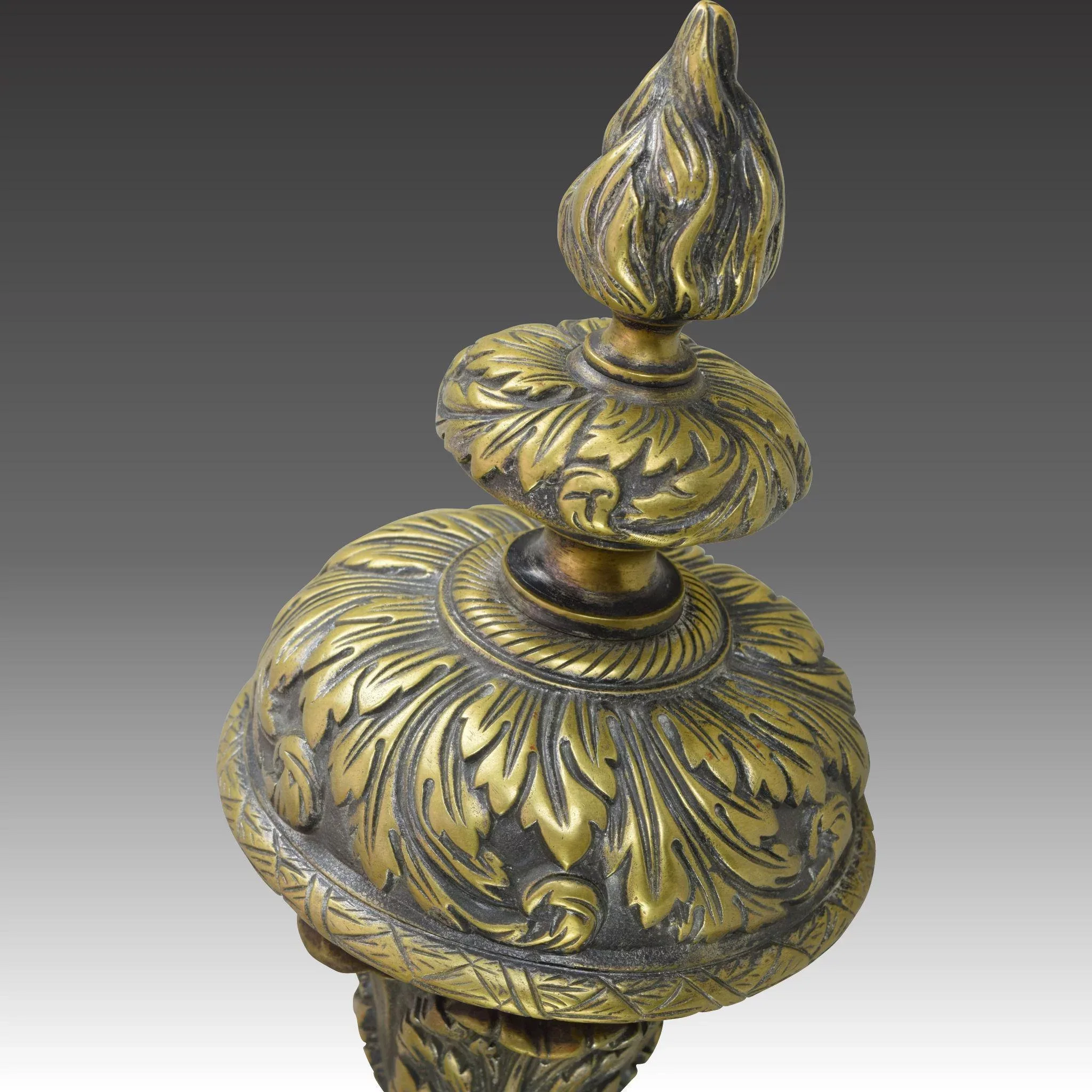 Pair Antique 19th Century French Andirons - Hairy Paw and Ball, Flame Finials - View 6