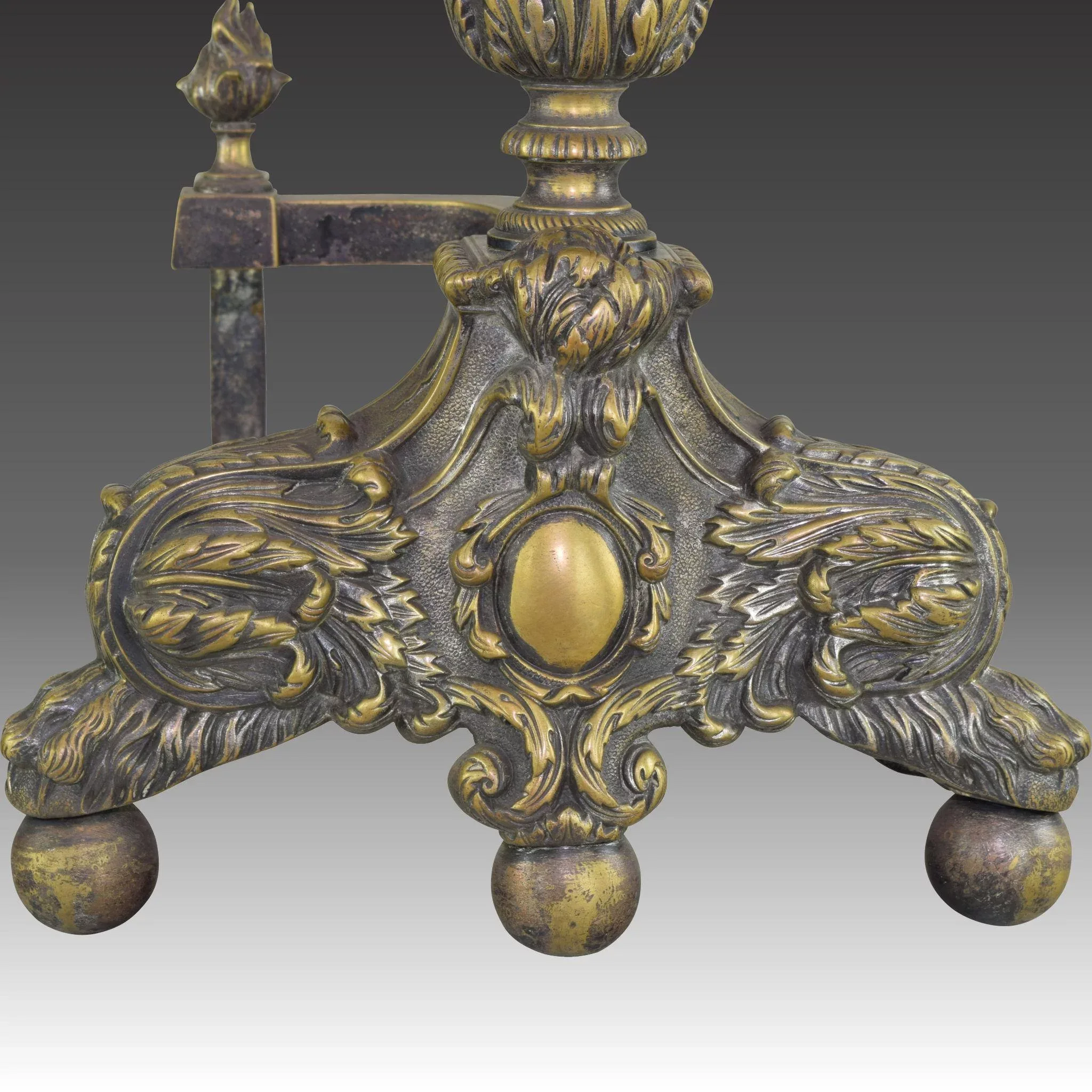 Pair Antique 19th Century French Andirons - Hairy Paw and Ball, Flame Finials - View 7