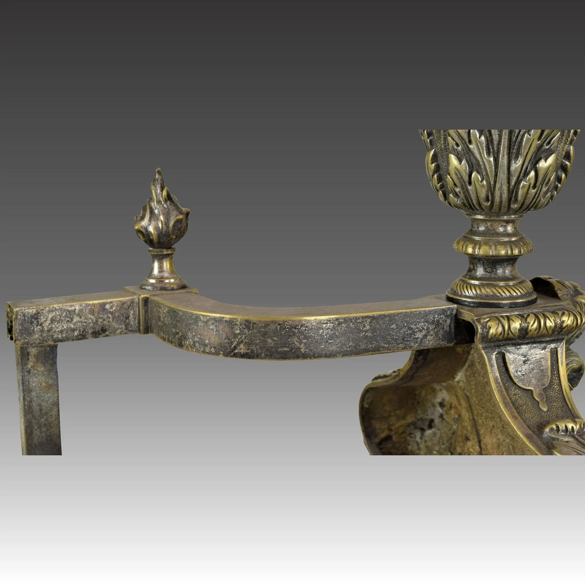 Pair Antique 19th Century French Andirons - Hairy Paw and Ball, Flame Finials - View 8