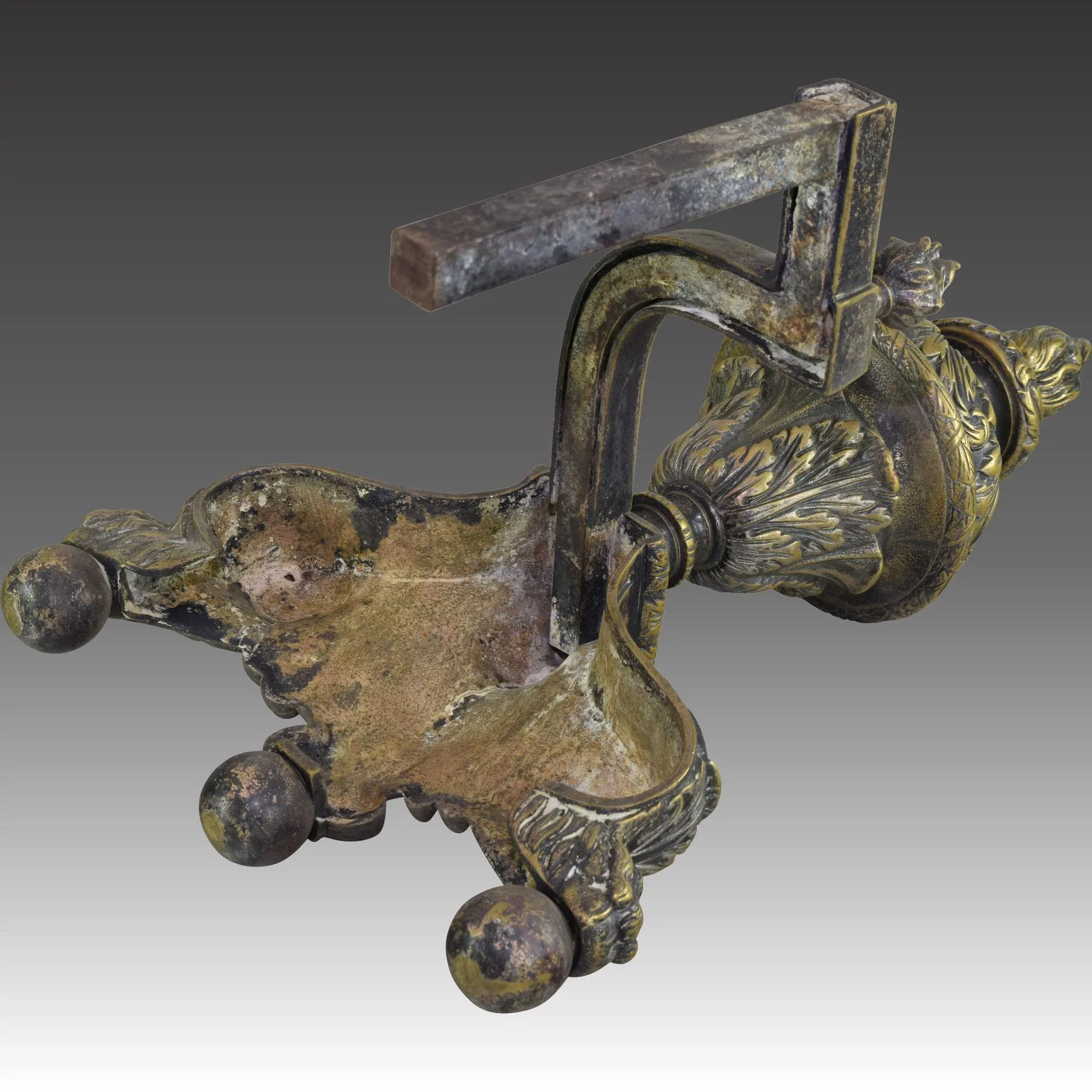 Pair Antique 19th Century French Andirons - Hairy Paw and Ball, Flame Finials - View 9