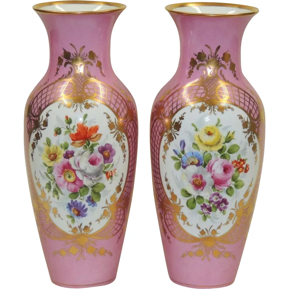 Pair Antique Pink KPM Vases - Gilded with Hand Painted Florals