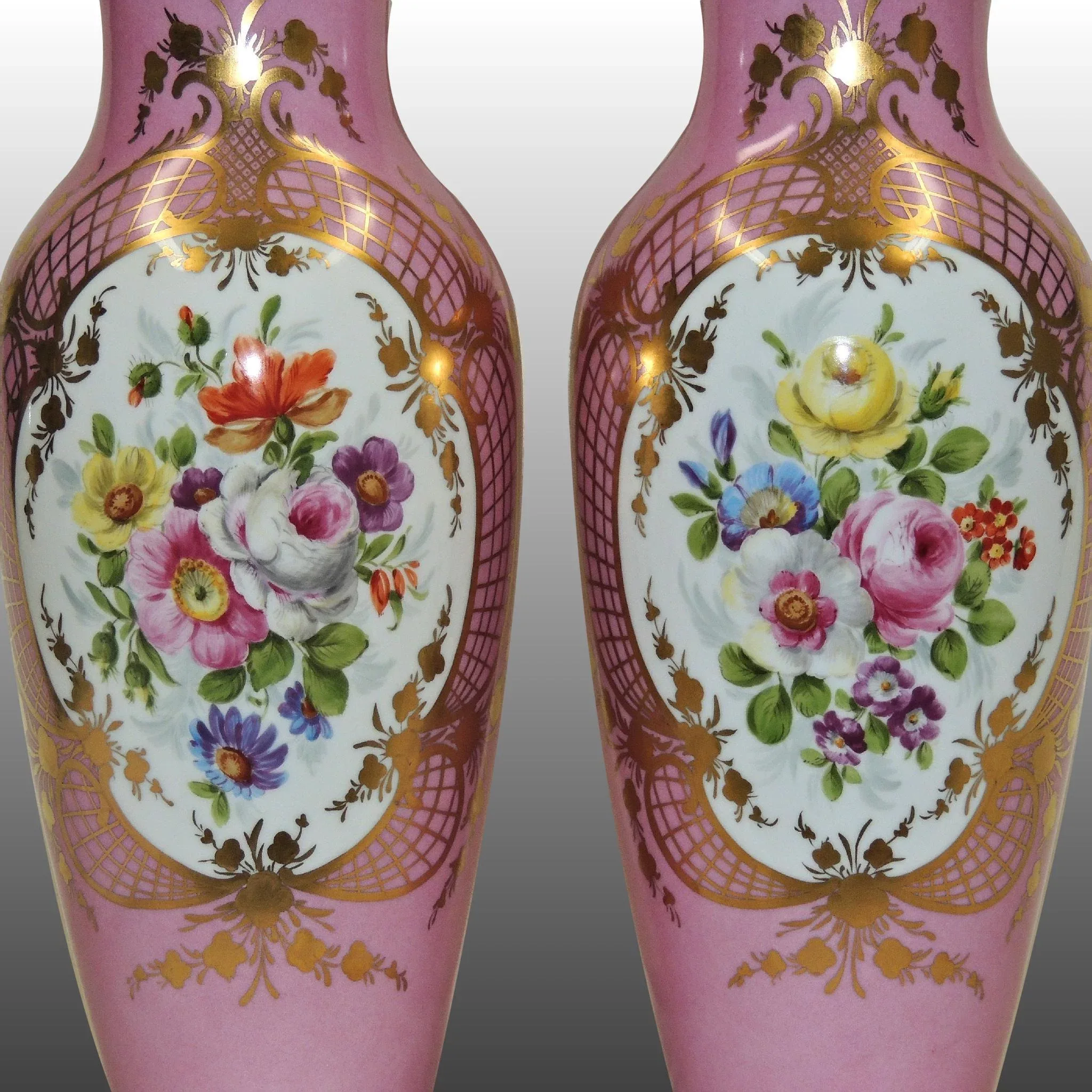 Pair Antique Pink KPM Vases - Gilded with Hand Painted Florals - View 2