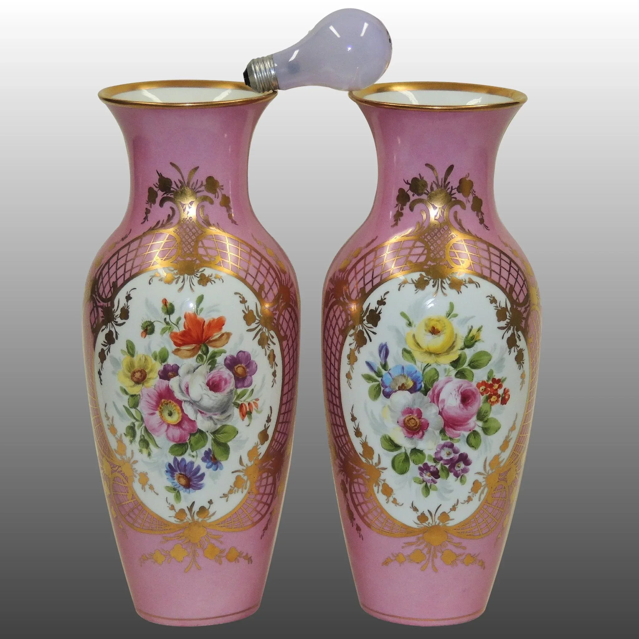 Pair Antique Pink KPM Vases - Gilded with Hand Painted Florals - View 3