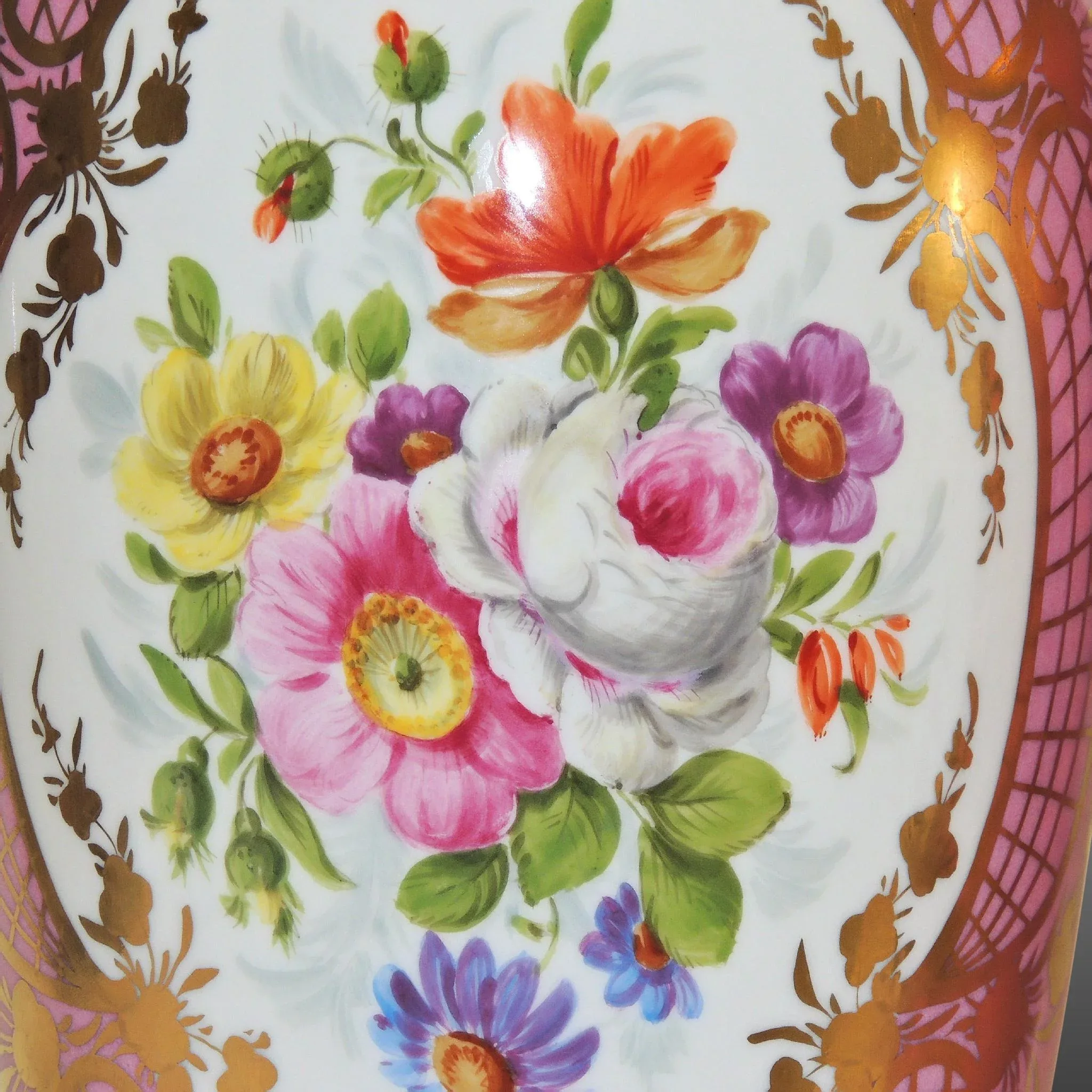Pair Antique Pink KPM Vases - Gilded with Hand Painted Florals - View 4
