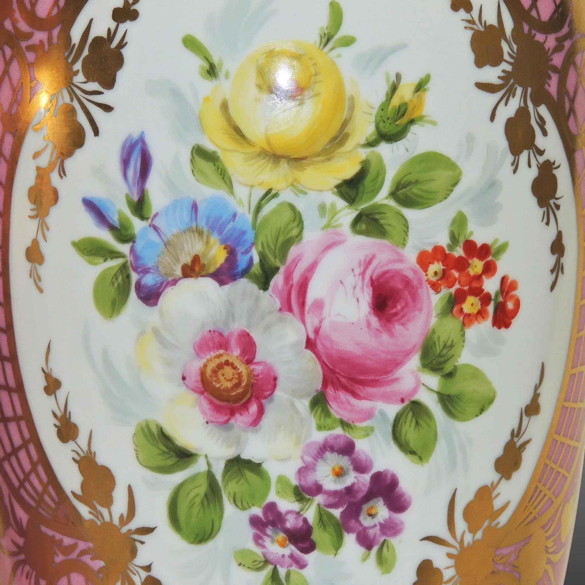 Pair Antique Pink KPM Vases - Gilded with Hand Painted Florals - View 5