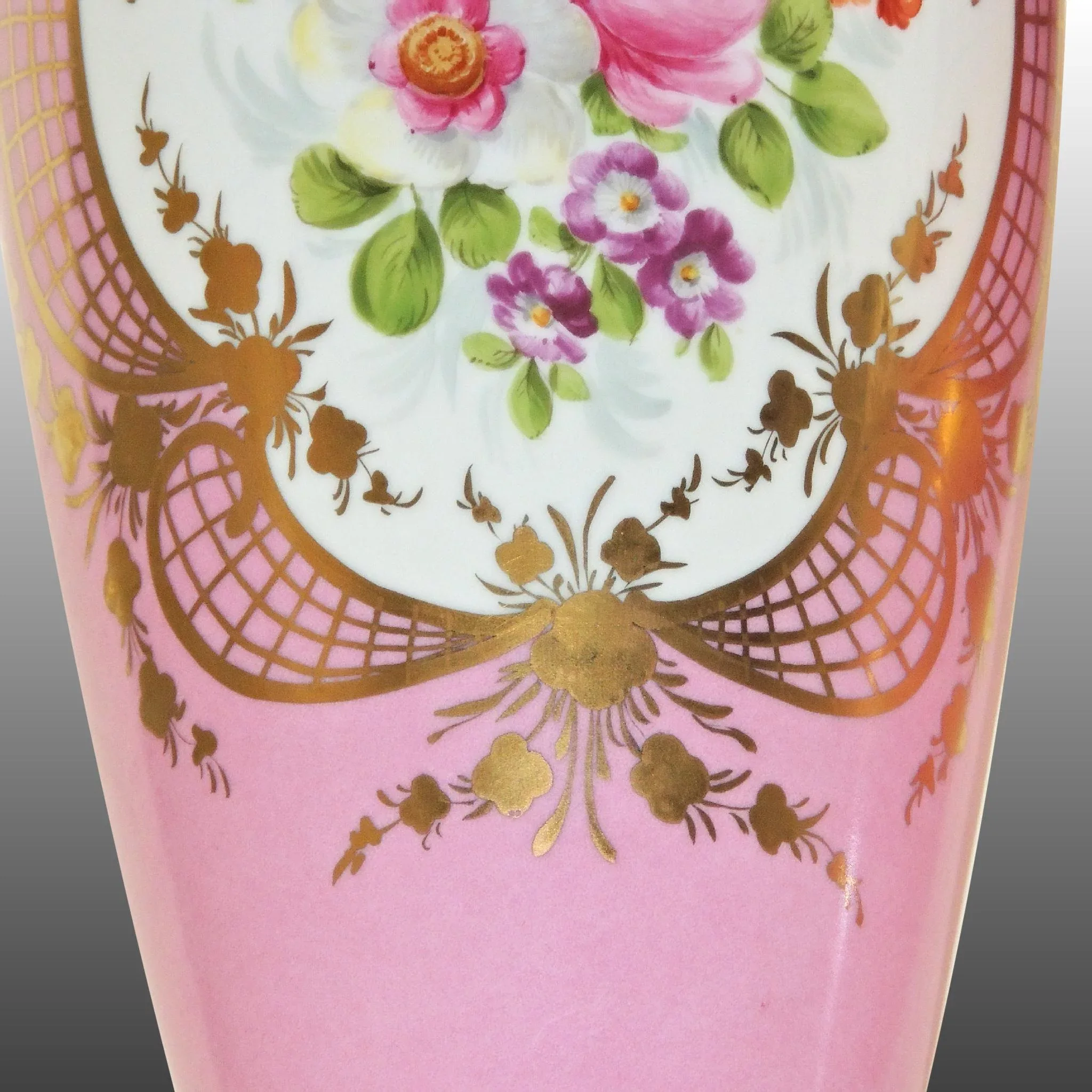 Pair Antique Pink KPM Vases - Gilded with Hand Painted Florals - View 6
