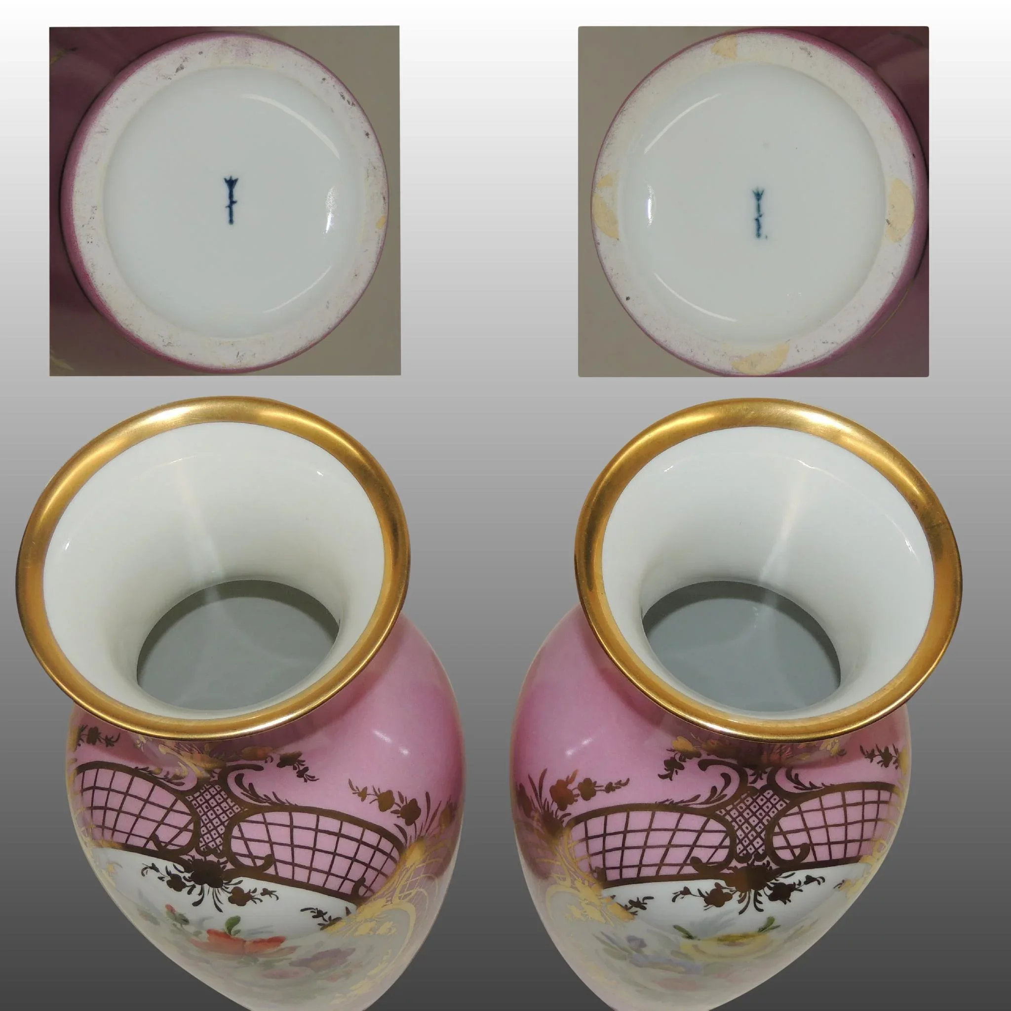 Pair Antique Pink KPM Vases - Gilded with Hand Painted Florals - View 7