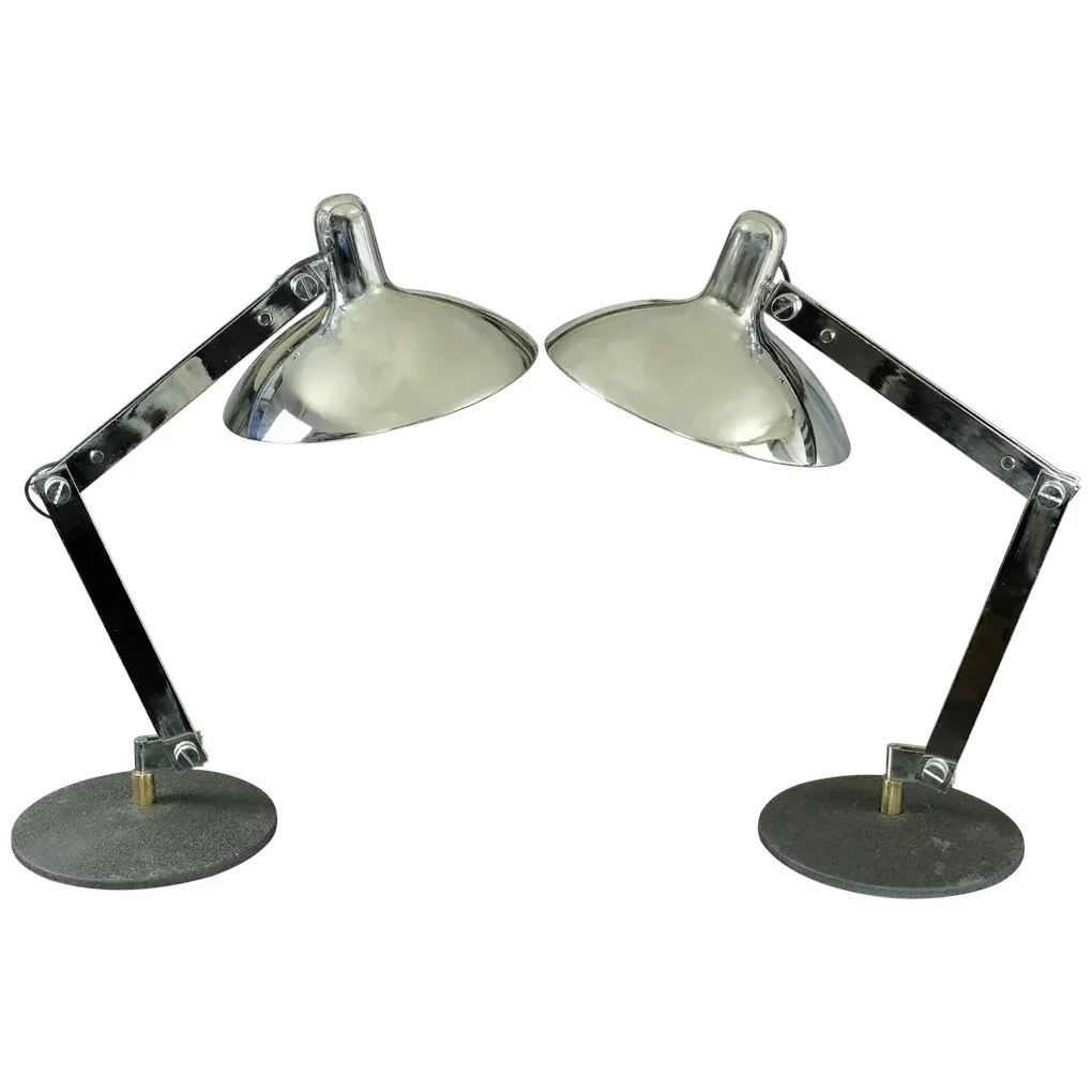 Pair Articulated Italian Chrome Mid-Century Desk Lamps