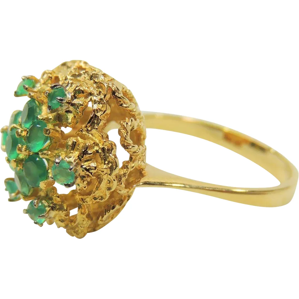 Vintage 18K Gold Filigree Emerald Cluster Ring