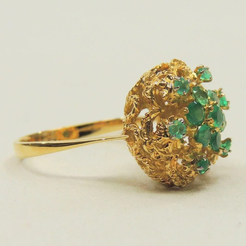 Vintage 18K Gold Filigree Emerald Cluster Ring - View 5