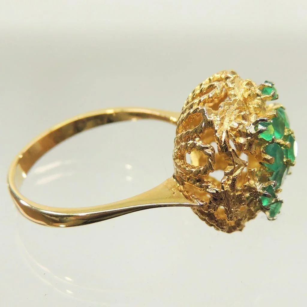 Vintage 18K Gold Filigree Emerald Cluster Ring - View 7