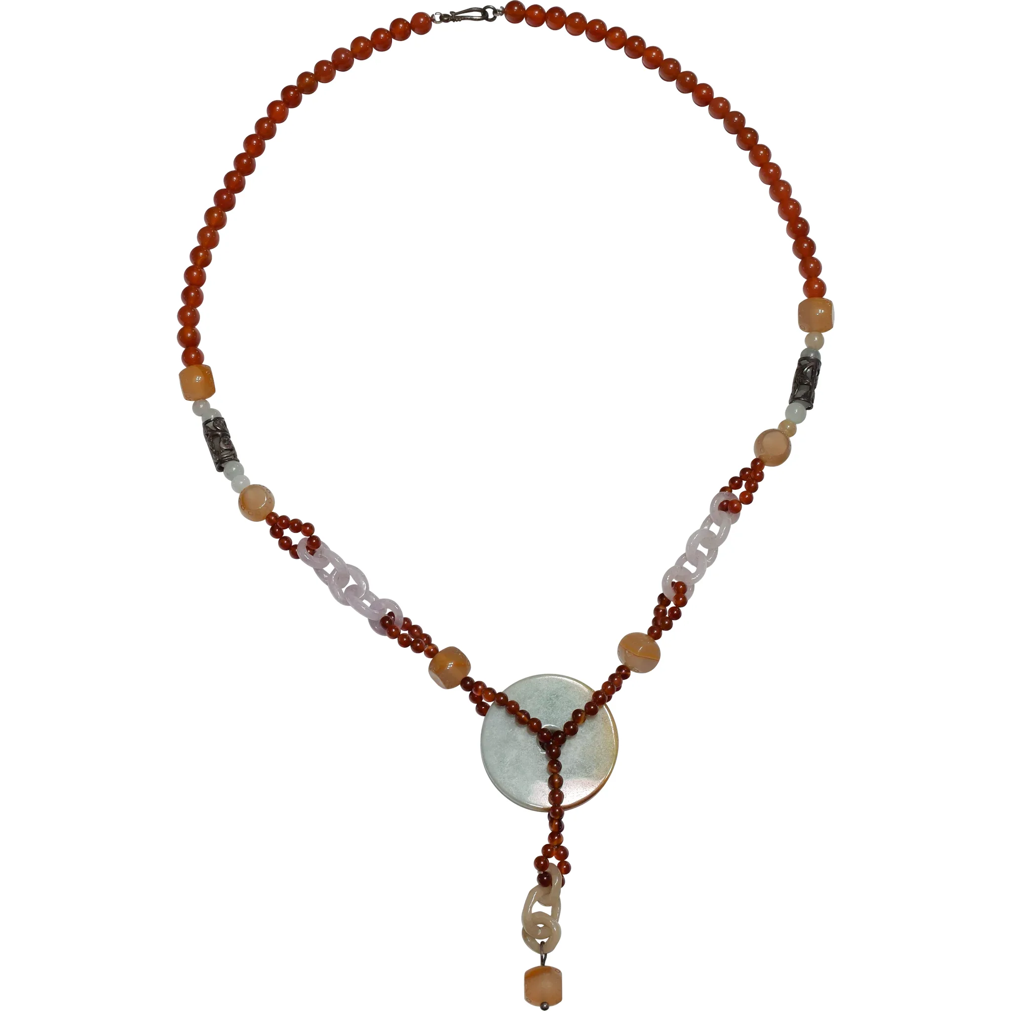 Vintage Carved Jade Chain and Carnelian Beaded Necklace - Jade Disc