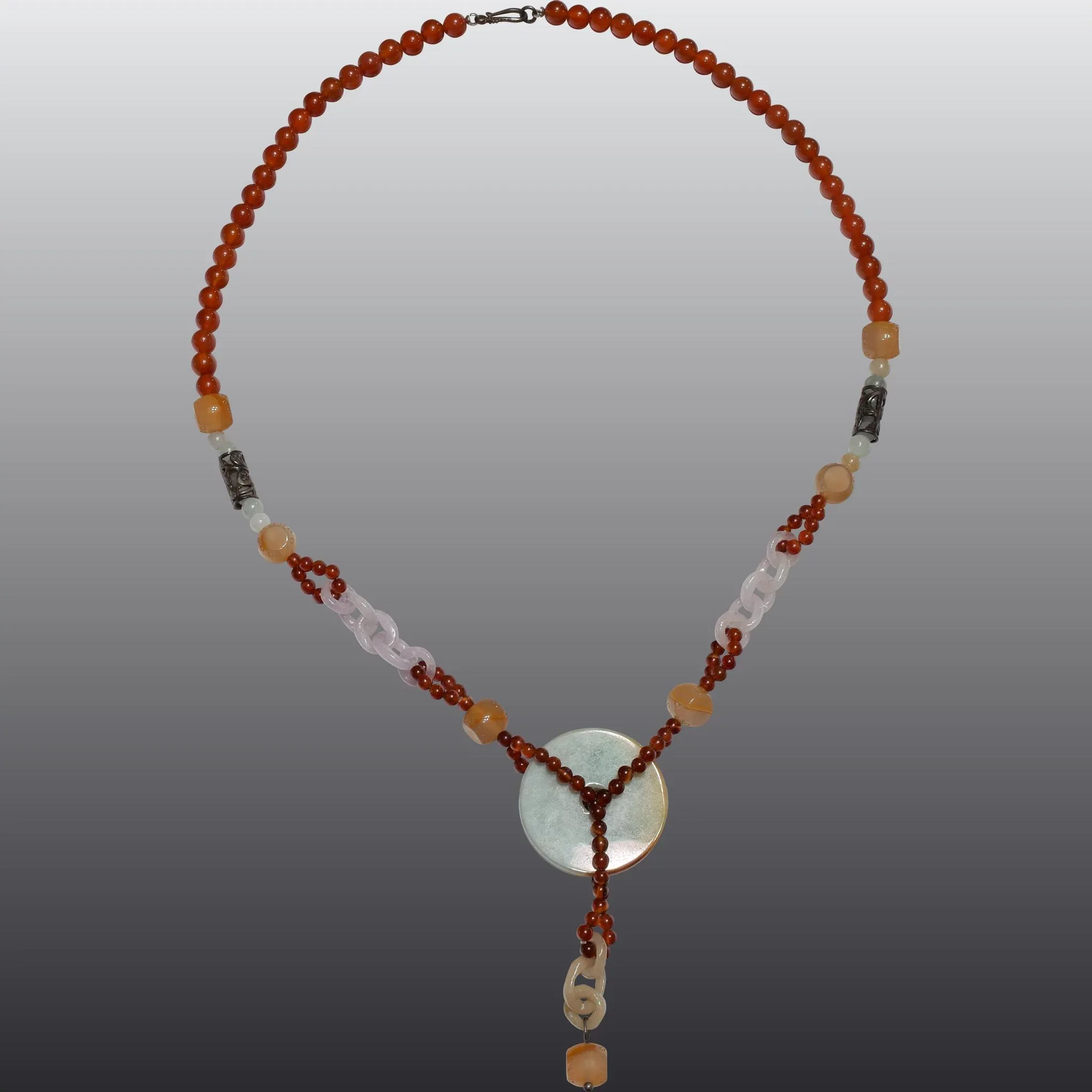 Vintage Carved Jade Chain and Carnelian Beaded Necklace - Jade Disc - View 2