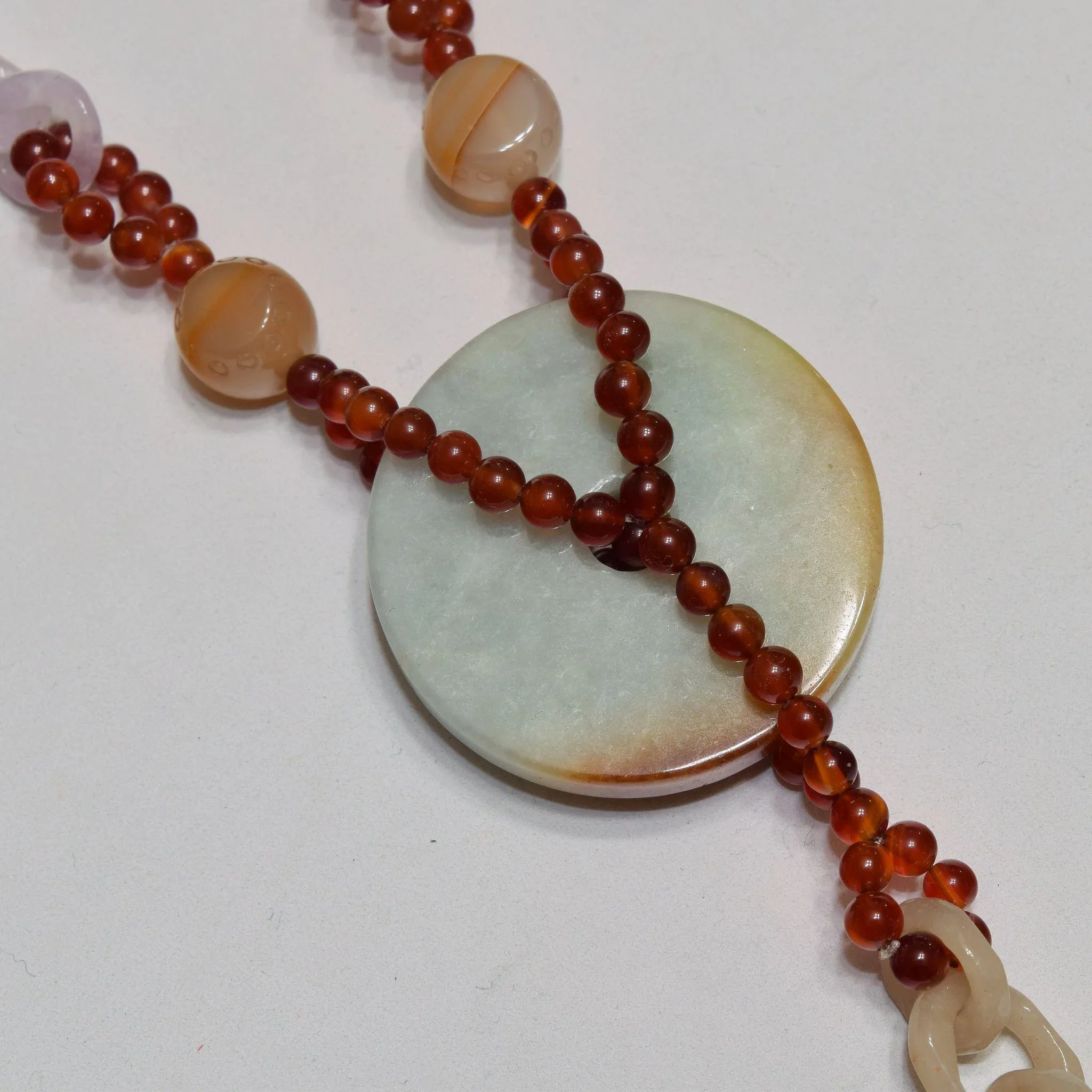 Vintage Carved Jade Chain and Carnelian Beaded Necklace - Jade Disc - View 3