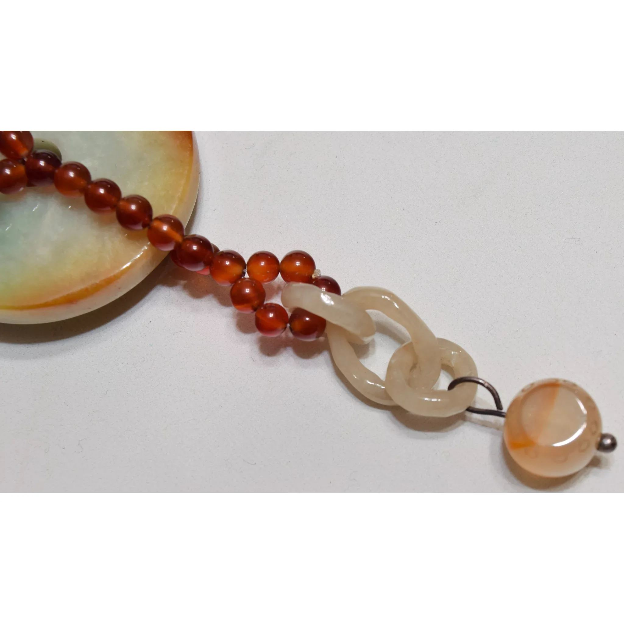 Vintage Carved Jade Chain and Carnelian Beaded Necklace - Jade Disc - View 4