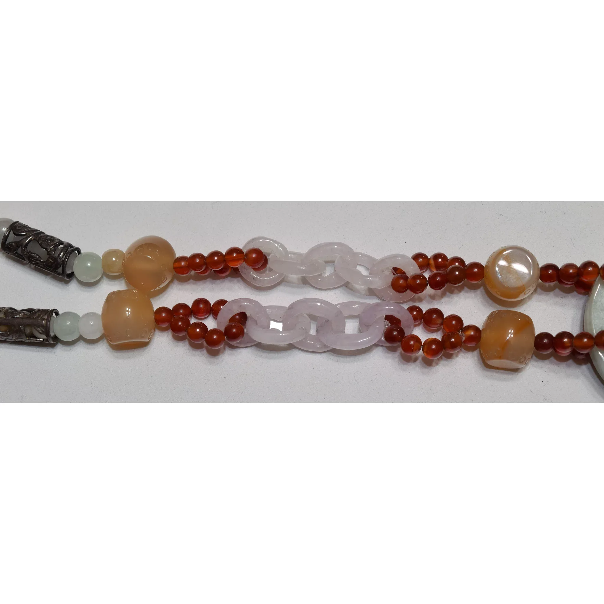 Vintage Carved Jade Chain and Carnelian Beaded Necklace - Jade Disc - View 5