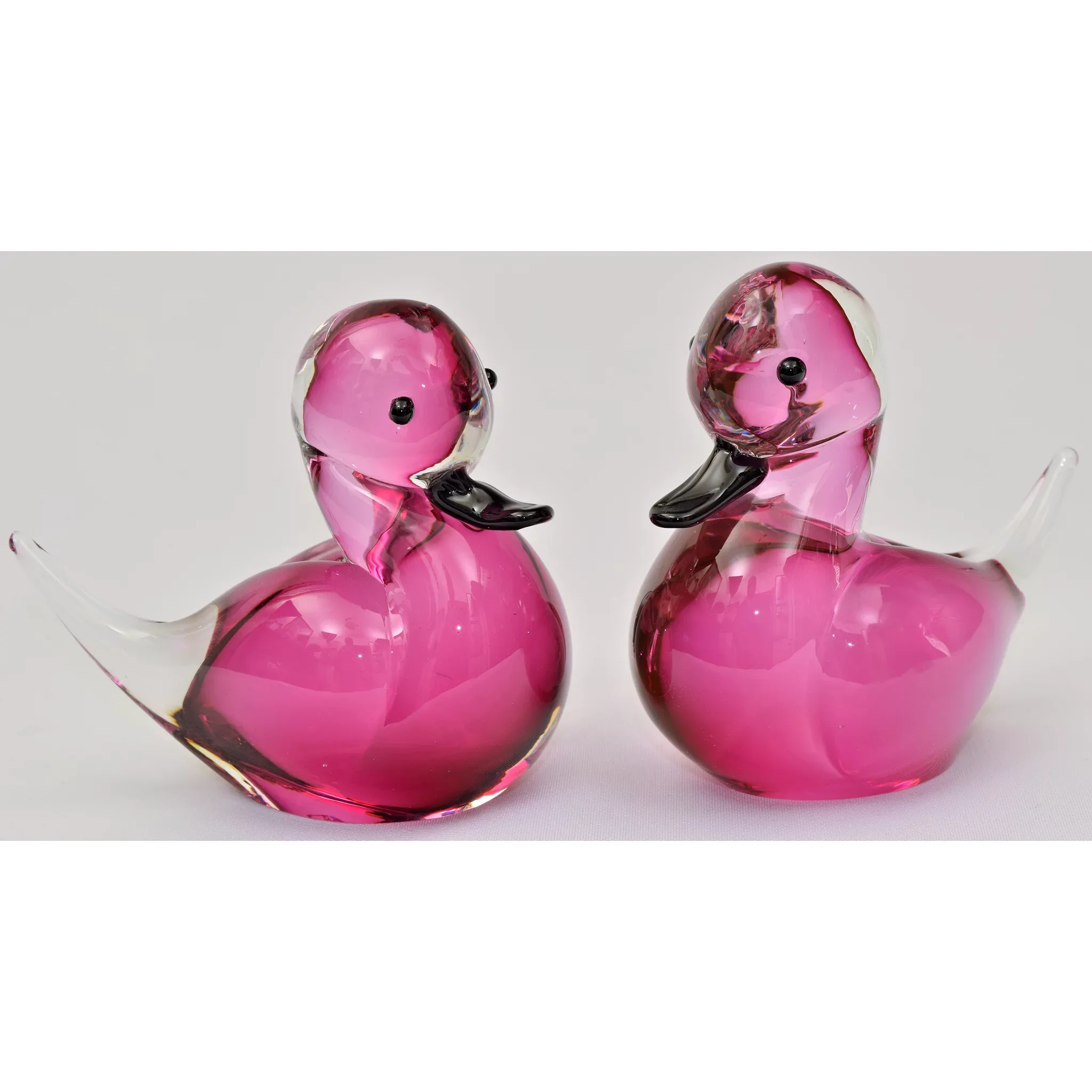 Pair Vintage Petite Formia Murano Glass Sommerso Ducks Pink / Black - View 2