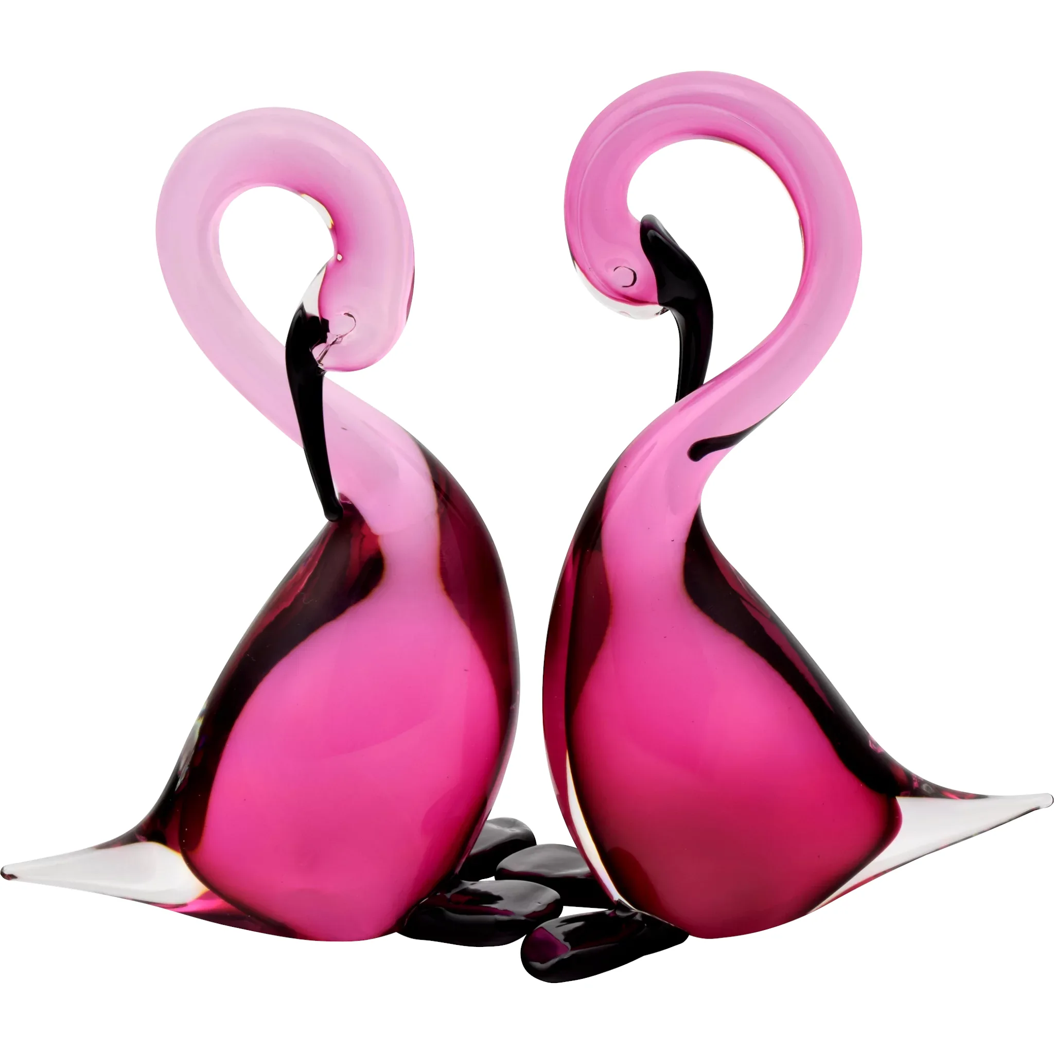 Pair Vintage Formia Murano Geese  Sommerso Pink / Black Glass