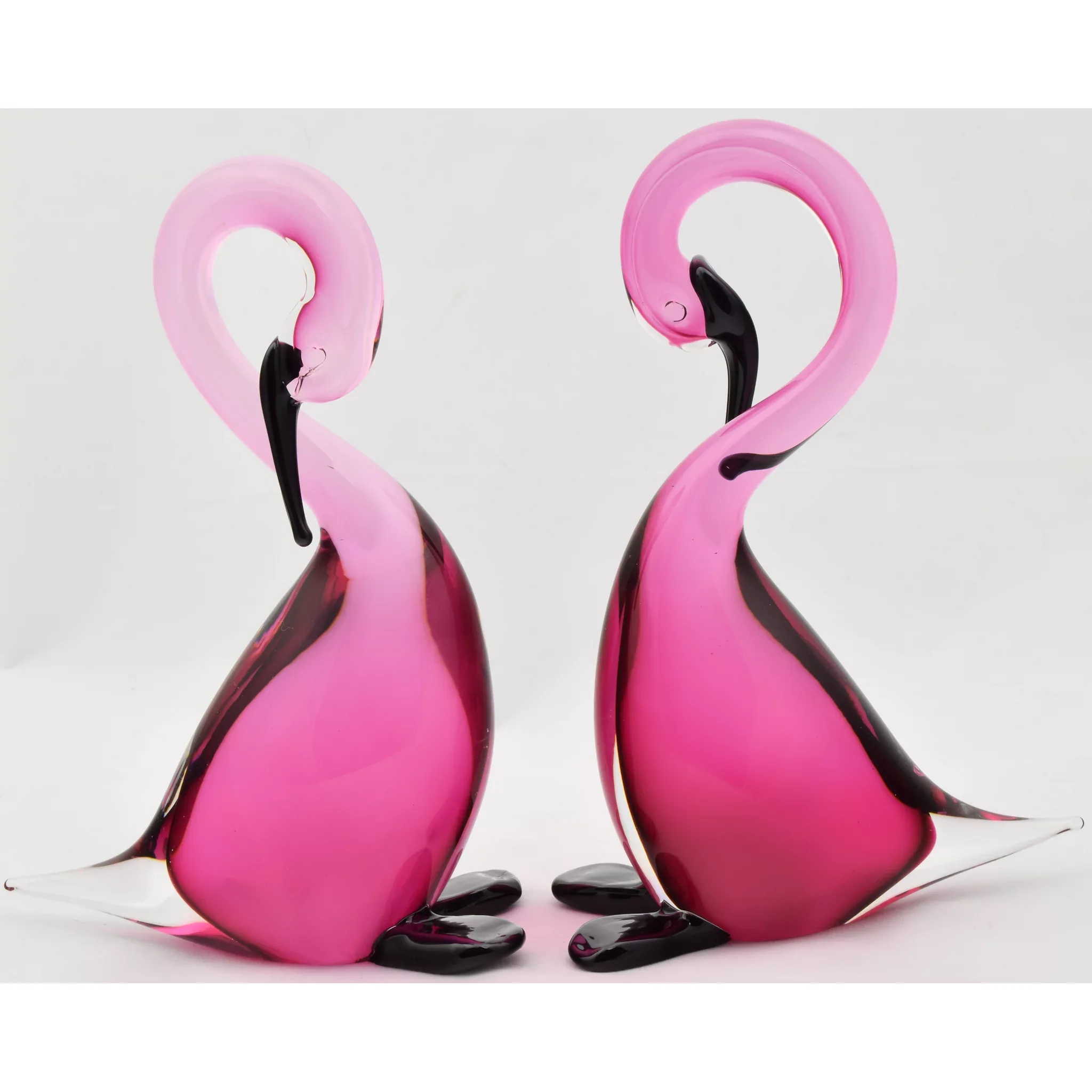 Pair Vintage Formia Murano Geese  Sommerso Pink / Black Glass - View 2
