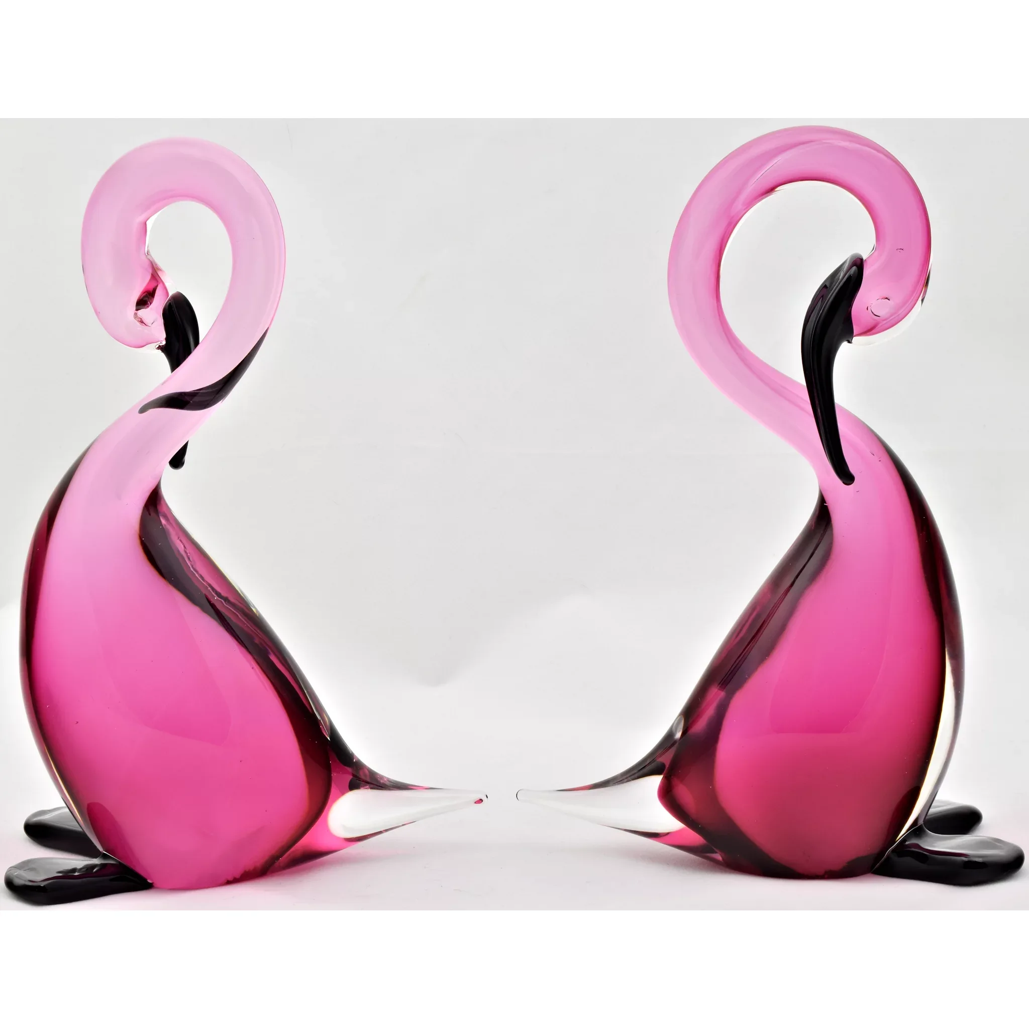 Pair Vintage Formia Murano Geese  Sommerso Pink / Black Glass - View 3