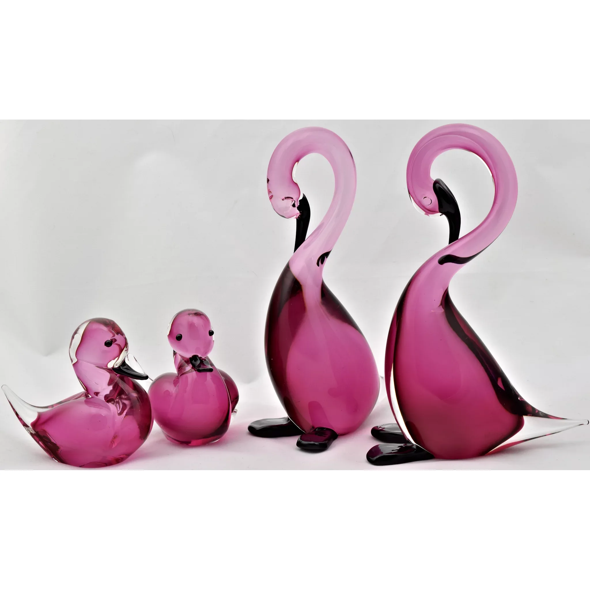 Pair Vintage Formia Murano Geese  Sommerso Pink / Black Glass - View 7
