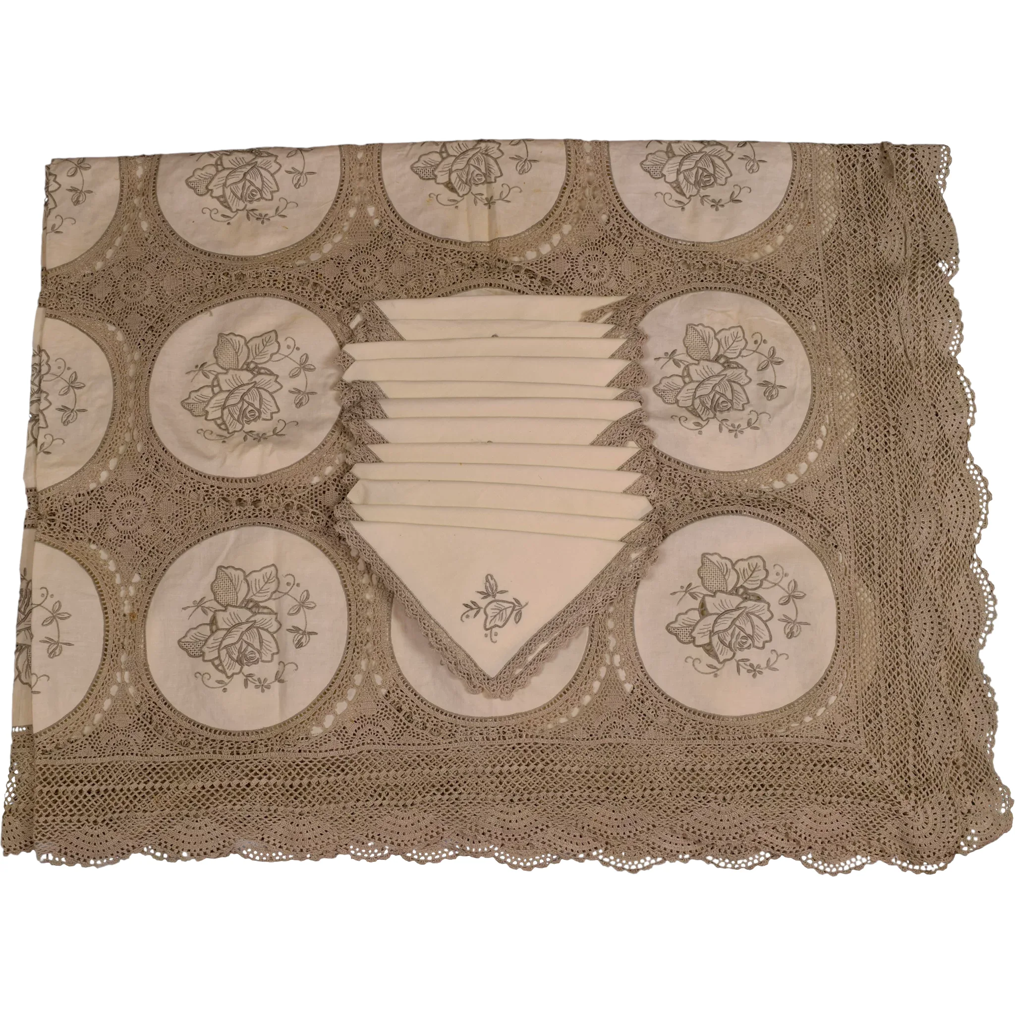 Vintage Madeira Linen Medallion Crocheted Tablecloth & 12 Napkins - 108 x 70 inches