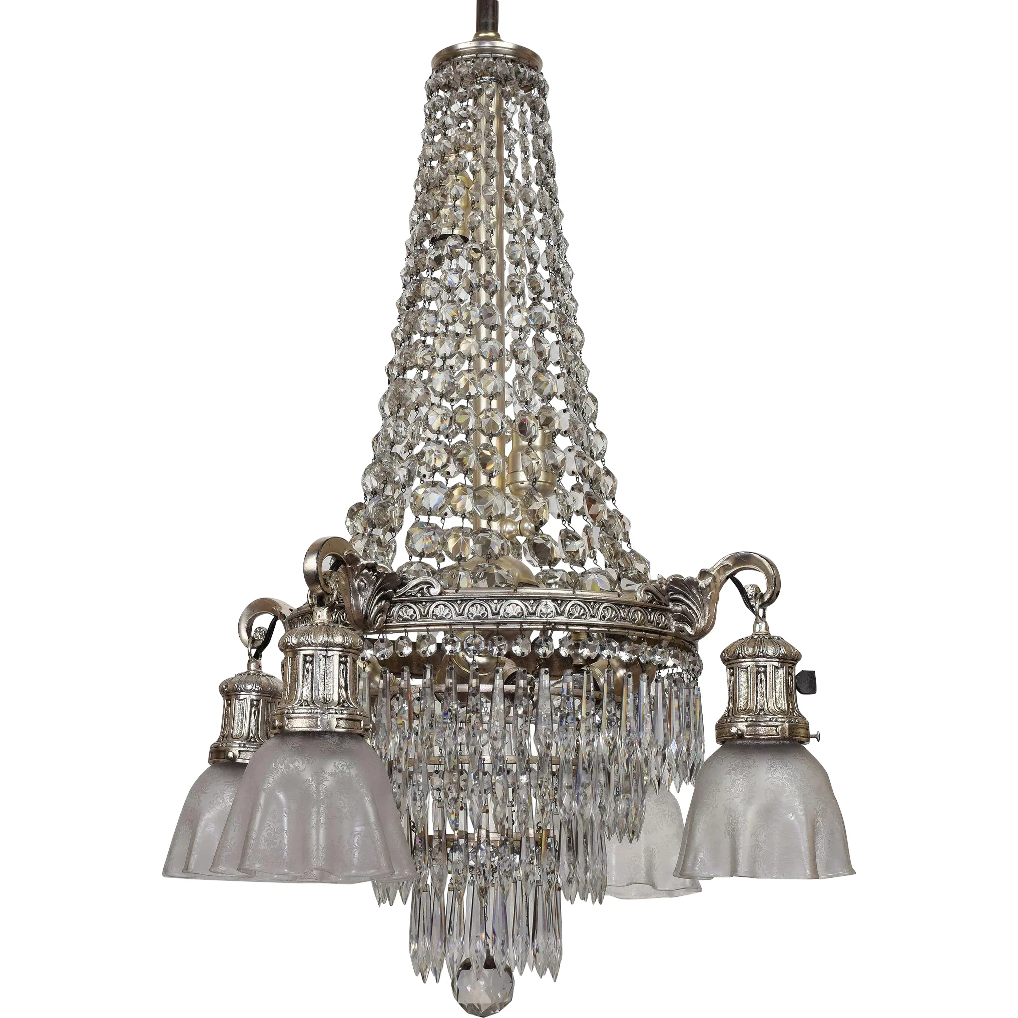 Vintage Crystal Tiered Chandelier 10 Lights with Etched Shades - Silver Plated