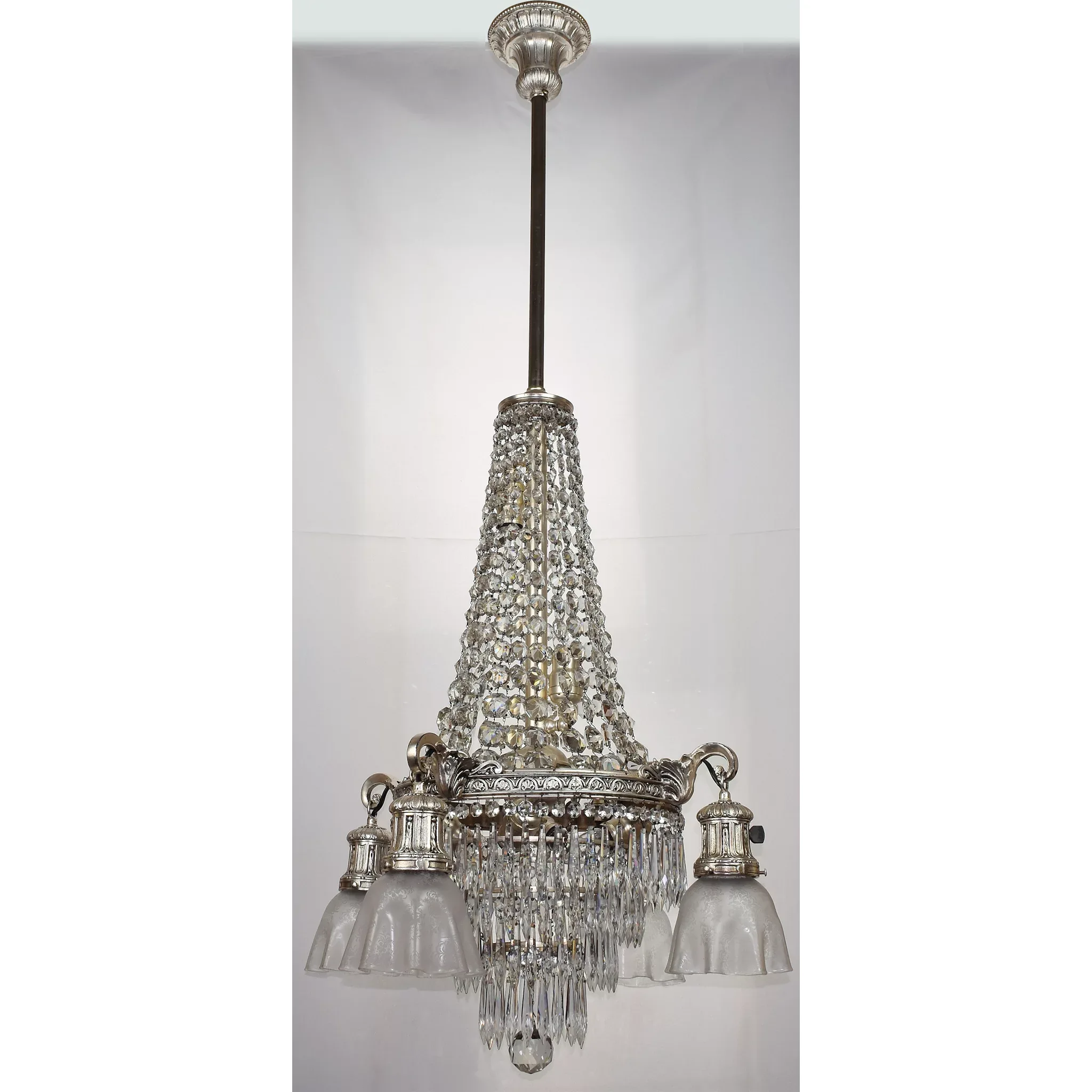 Vintage Crystal Tiered Chandelier 10 Lights with Etched Shades - Silver Plated - View 2