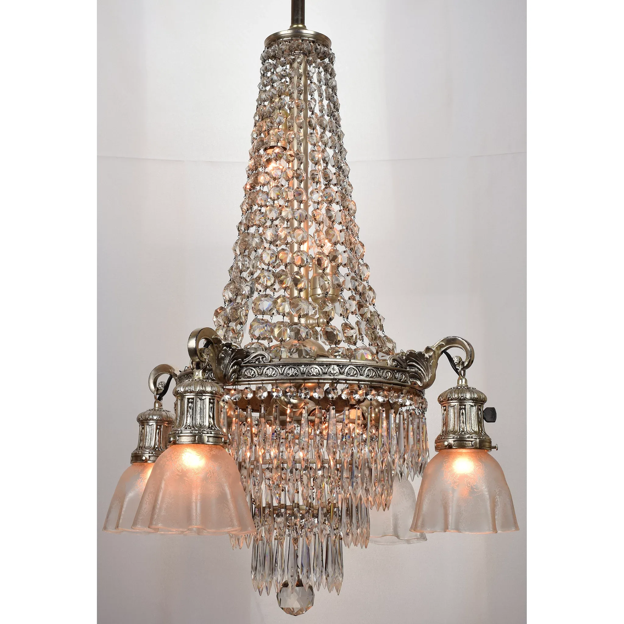 Vintage Crystal Tiered Chandelier 10 Lights with Etched Shades - Silver Plated - View 3