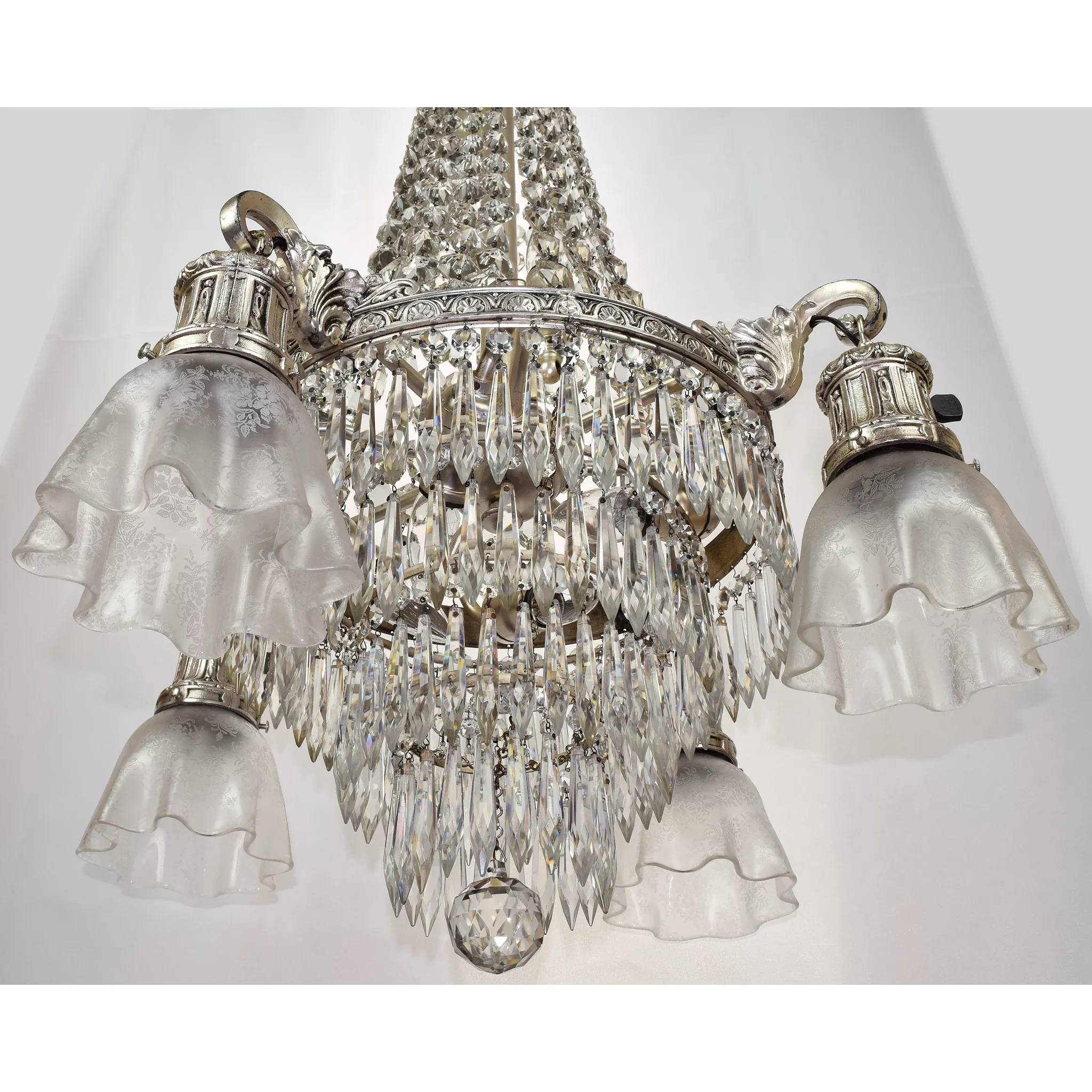 Vintage Crystal Tiered Chandelier 10 Lights with Etched Shades - Silver Plated - View 4