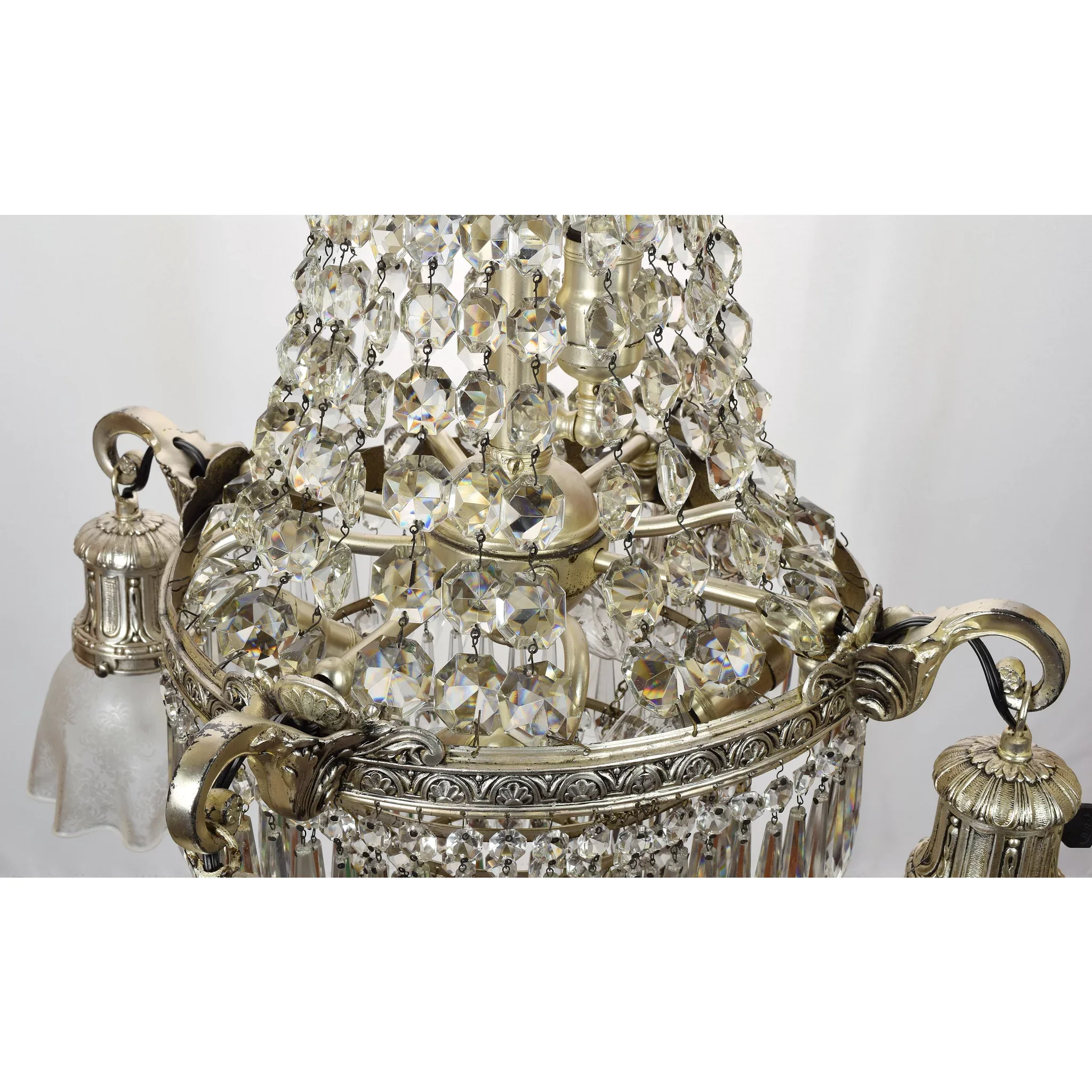 Vintage Crystal Tiered Chandelier 10 Lights with Etched Shades - Silver Plated - View 5