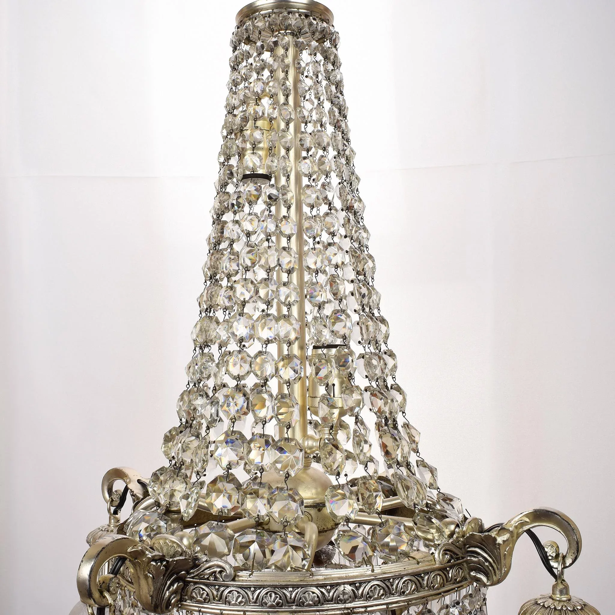 Vintage Crystal Tiered Chandelier 10 Lights with Etched Shades - Silver Plated - View 7