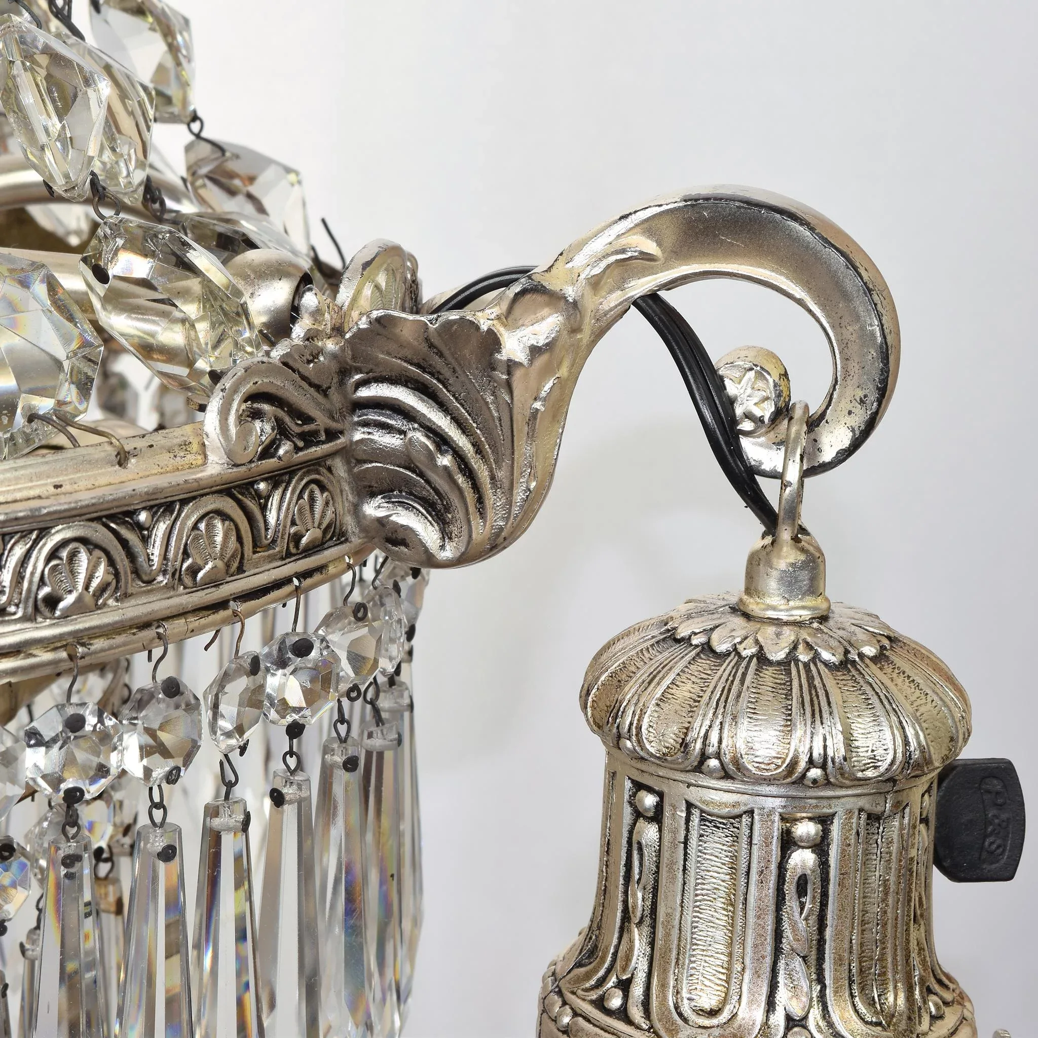 Vintage Crystal Tiered Chandelier 10 Lights with Etched Shades - Silver Plated - View 8