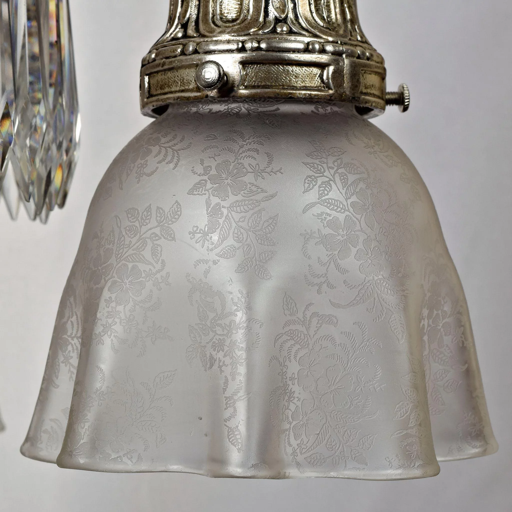 Vintage Crystal Tiered Chandelier 10 Lights with Etched Shades - Silver Plated - View 9