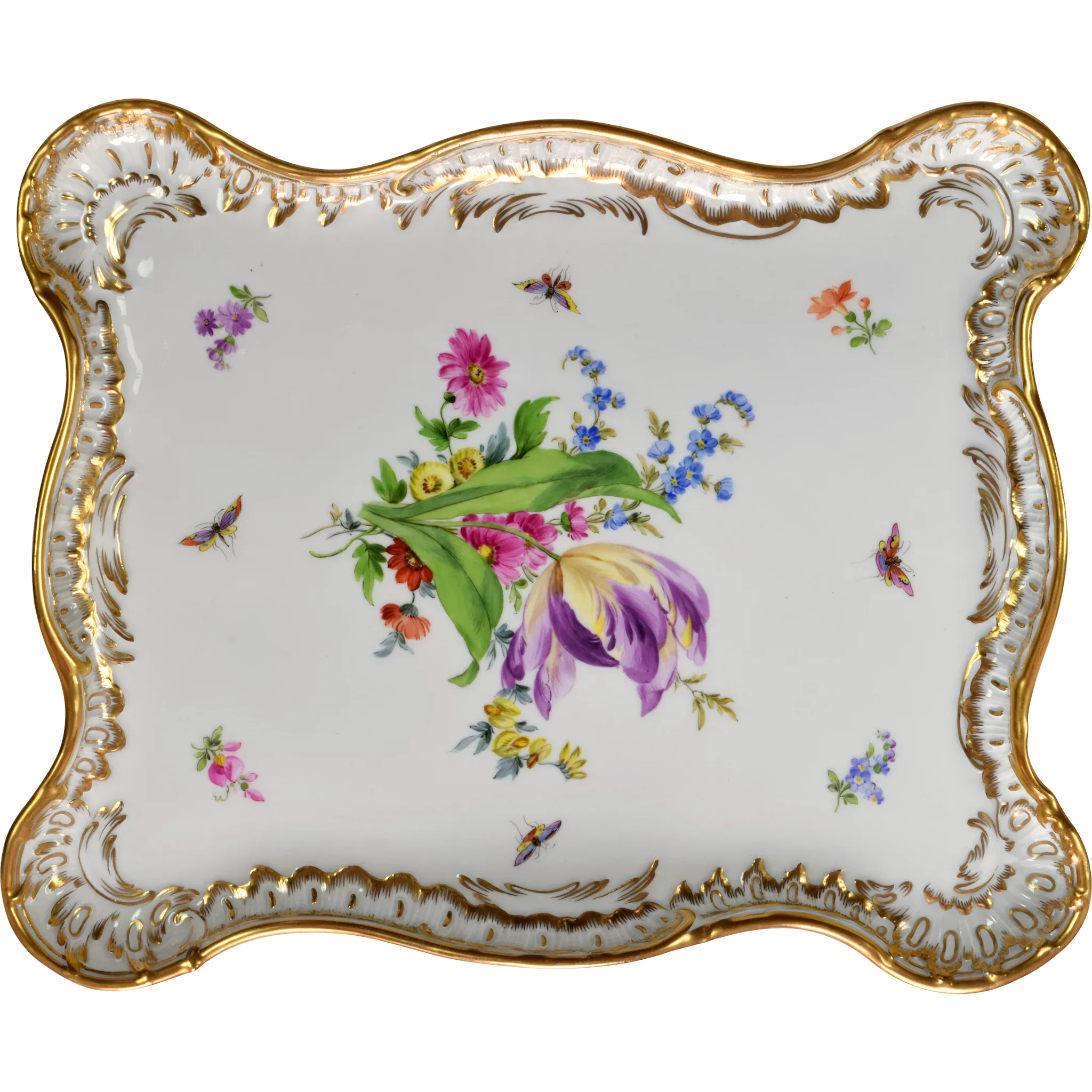 Large Antique Meissen Porcelain Tray - Butterflies, Tulip and Flowers - Gilded